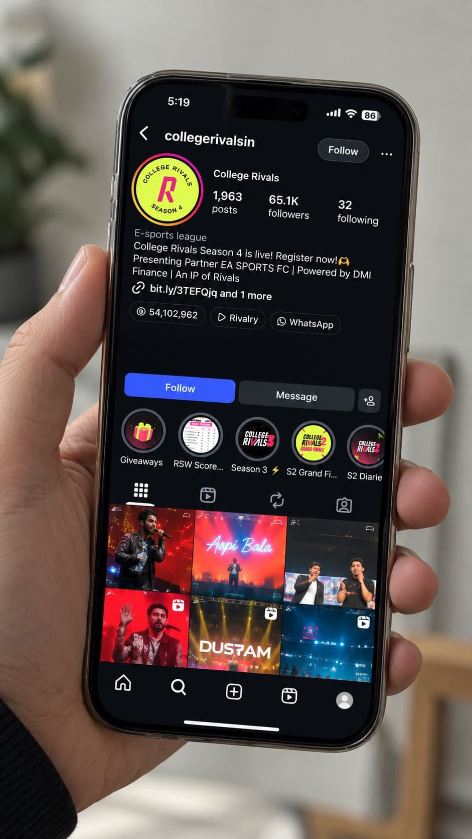 College Rivals' Instagram profile on a phone, one of our social media accounts