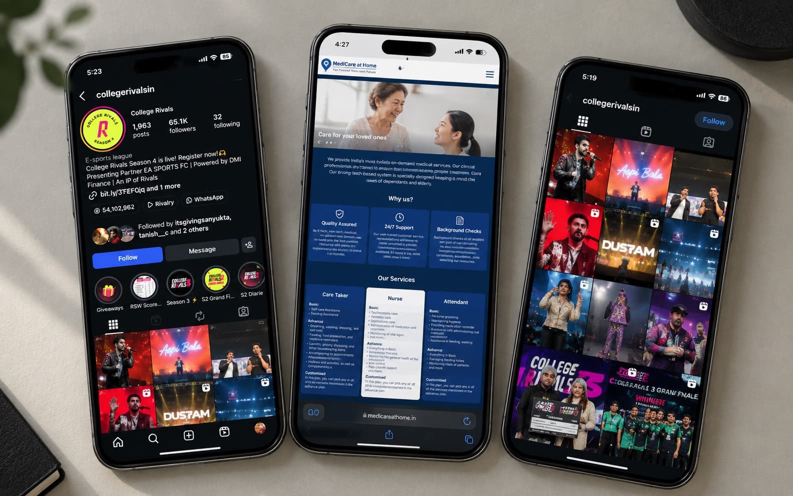 Three phones showing College Rivals' Instagram and the MediCare at Home website