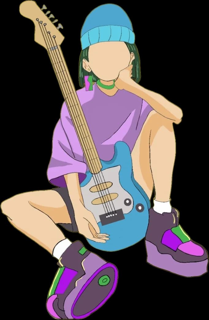 Character drawing: a girl in a beanie and platform sneakers, sitting with a blue electric guitar.