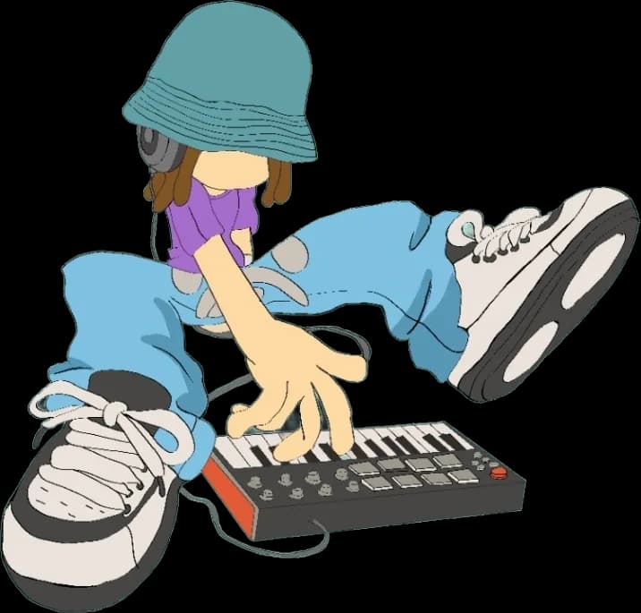 Character drawing: a kid in a bucket hat and headphones, crouched over a MIDI keyboard in huge sneakers.