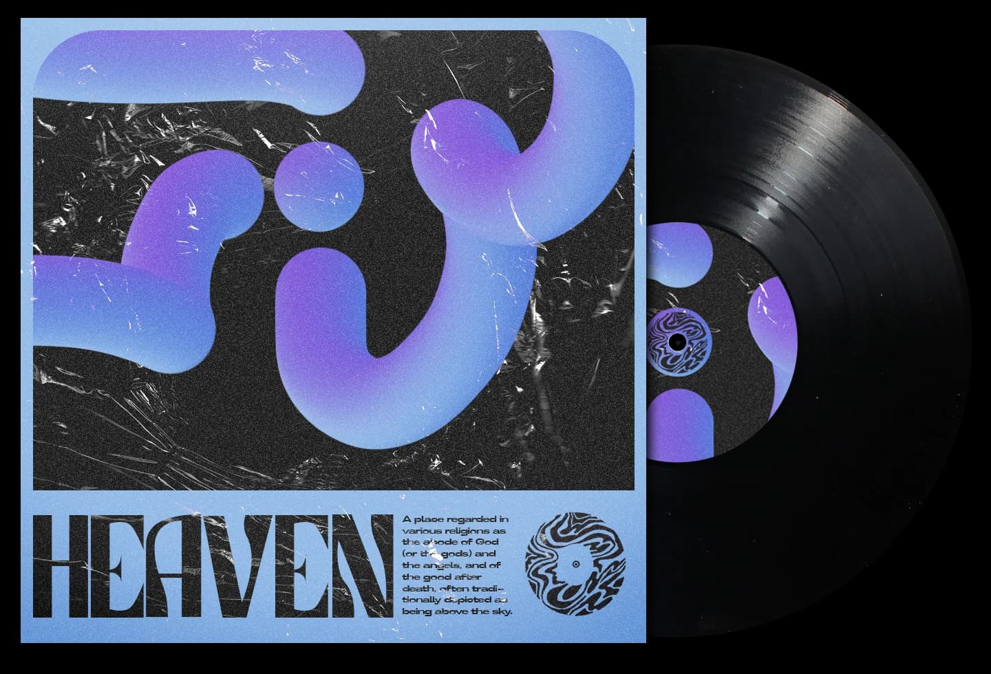 The Heaven single: soft violet-blue tube shapes over plastic wrap, HEAVEN in tall black letters on pale blue below.