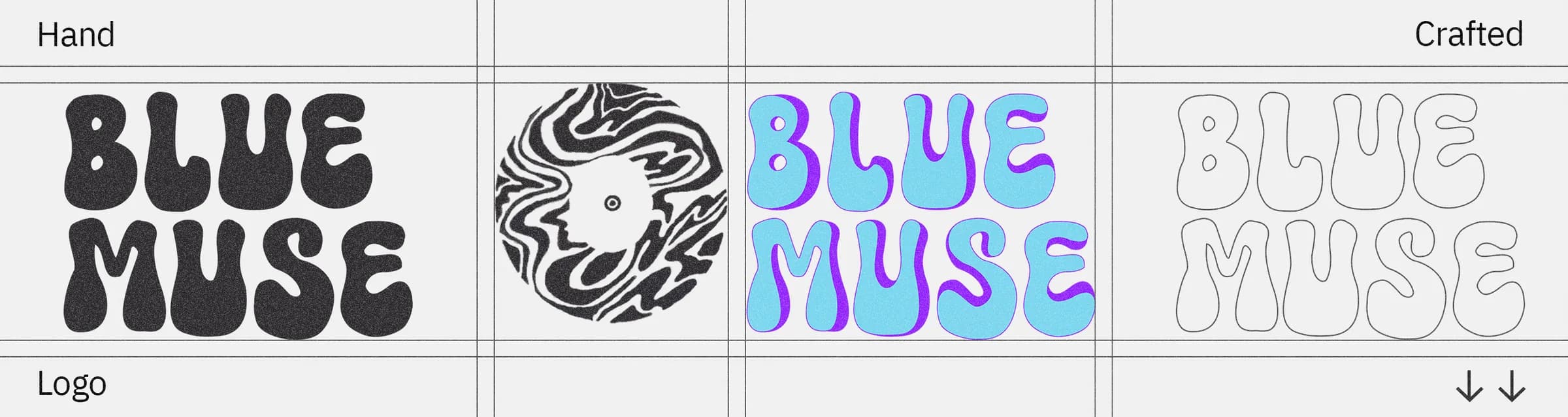 The logo laid out on a grid: the wordmark solid, the mark, the wordmark in colour, and the wordmark in outline, captioned Hand, Crafted, Logo.