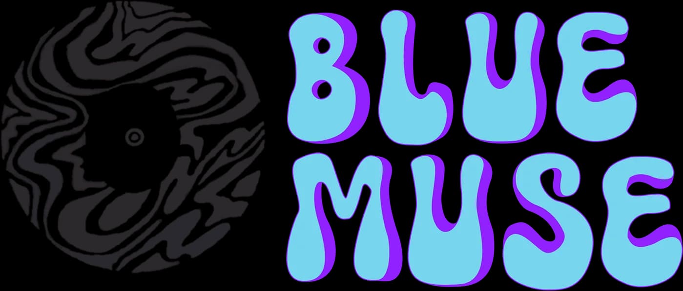 The BlueMuse logo: the marbled record mark in black beside the cyan bubble wordmark with its purple offset.