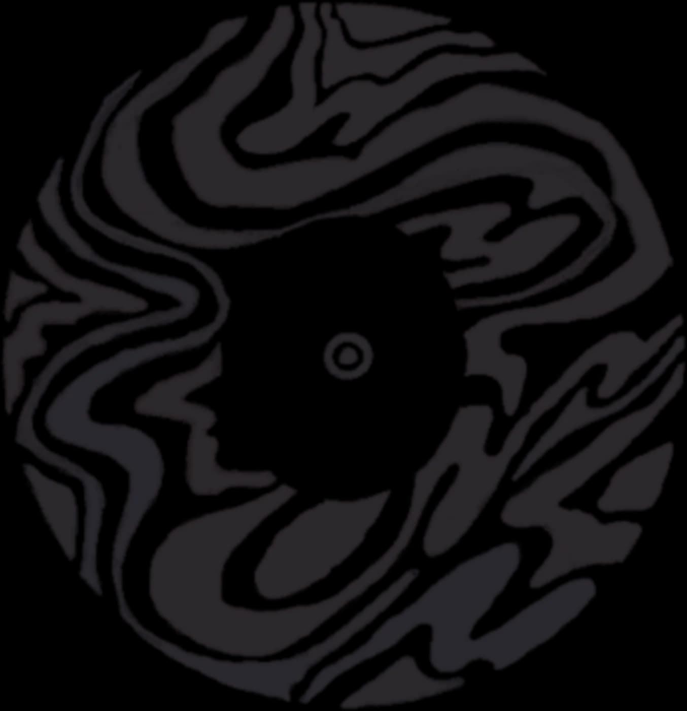 The mark in black: a record drawn as marbled swirls, with a face in profile around the spindle hole.