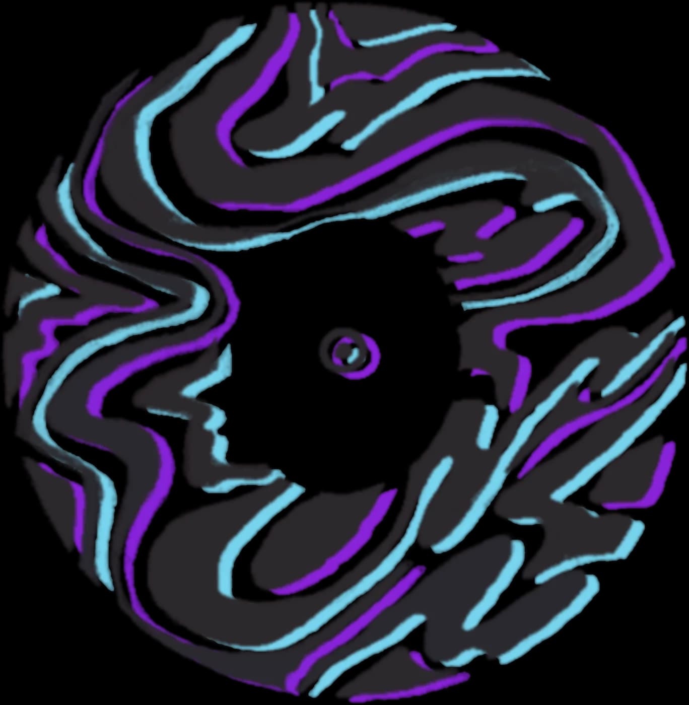 The mark in black with cyan and violet offset outlines.