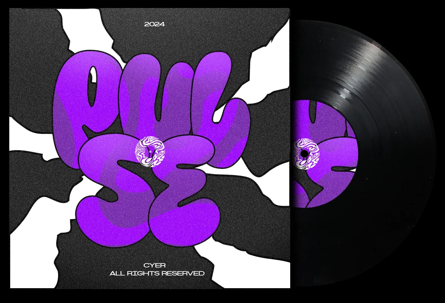 The Pulse single: PULSE in fat violet bubble letters over black and white shapes, the record half out of the sleeve.