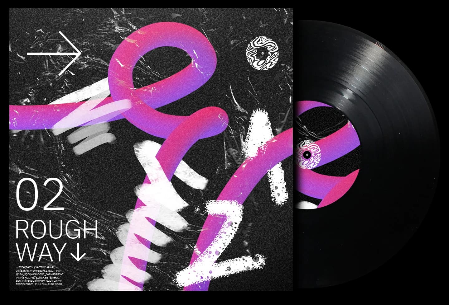 The Rough Way single: pink tube lettering and white spray strokes over plastic wrap on black, 02 ROUGH WAY at the left.