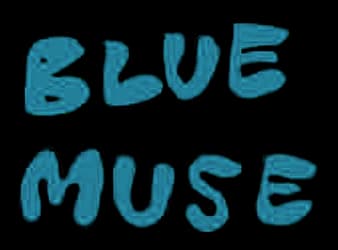 The first sketch: BLUE MUSE in soft cyan brush letters.