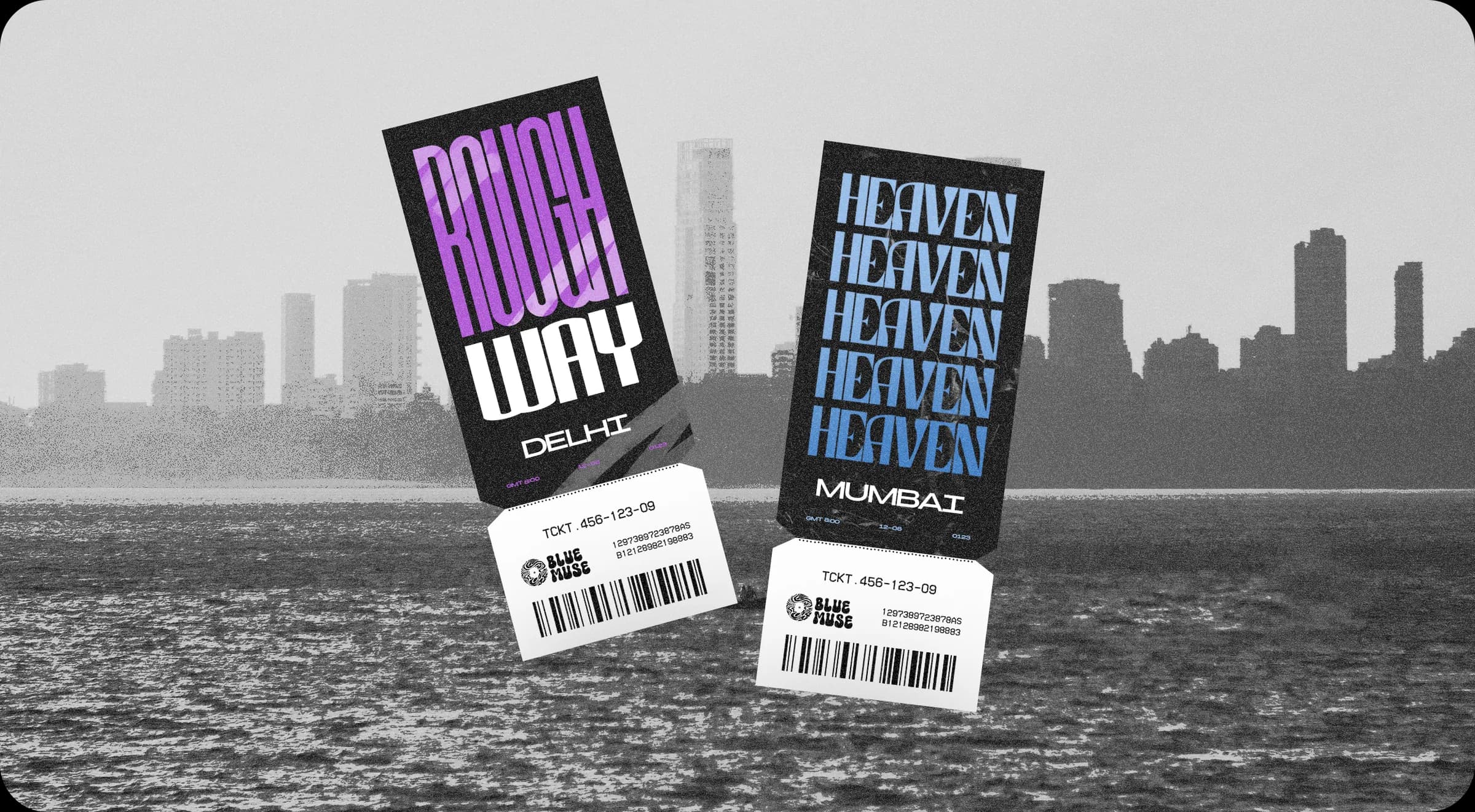 Two gig tickets over a grey city seafront: ROUGH WAY, Delhi, in violet and white, and HEAVEN repeated in blue, Mumbai, each with a tear-off stub, barcode and the logo.