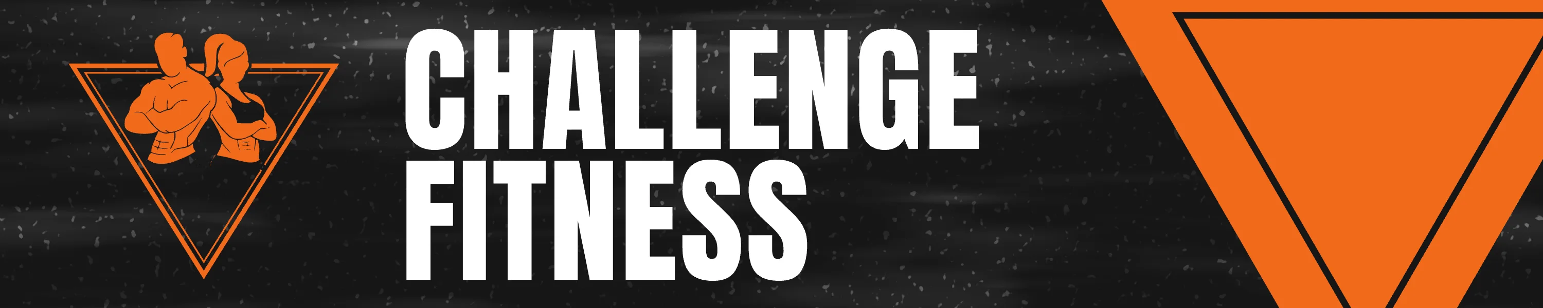 The sign's artwork: the mark on the left, CHALLENGE FITNESS in two lines of white Anton, an orange triangle cut off the right end