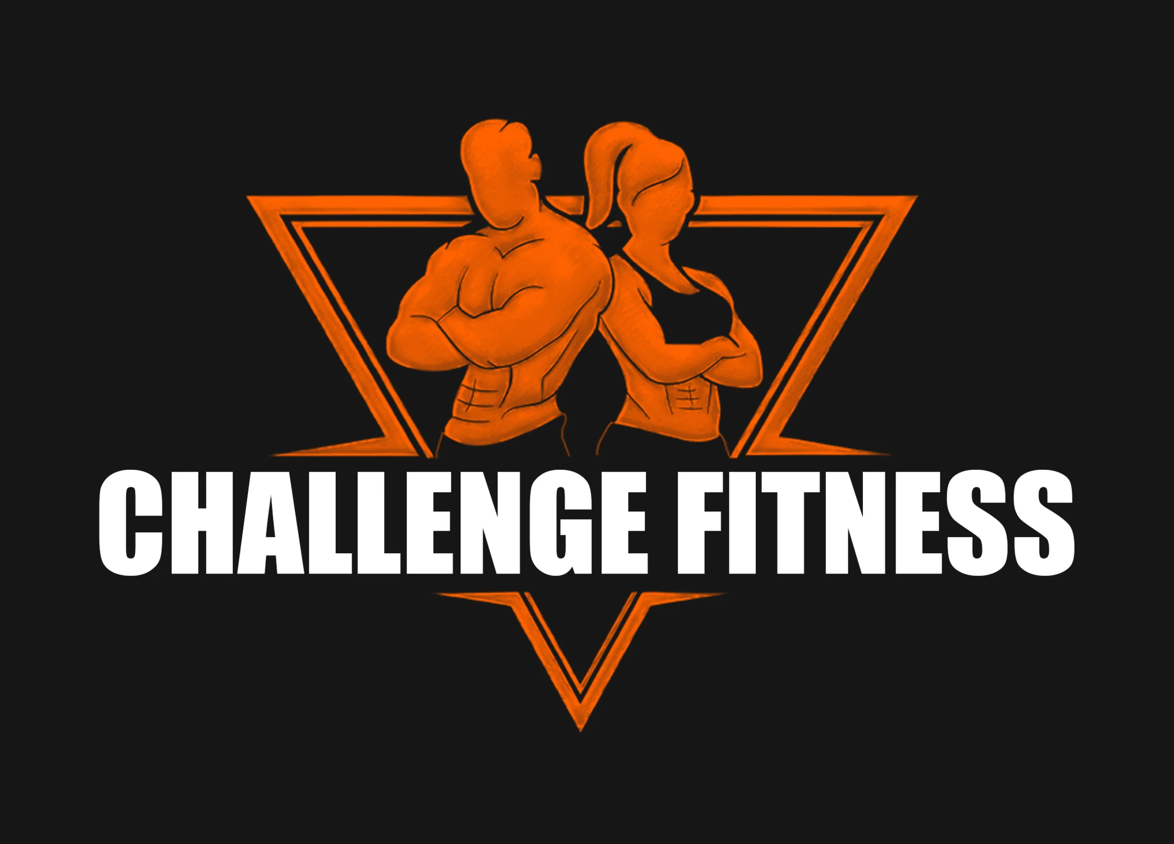 The logo as drawn: two figures back to back, shaded in orange pencil, in a downward triangle above “CHALLENGE FITNESS”