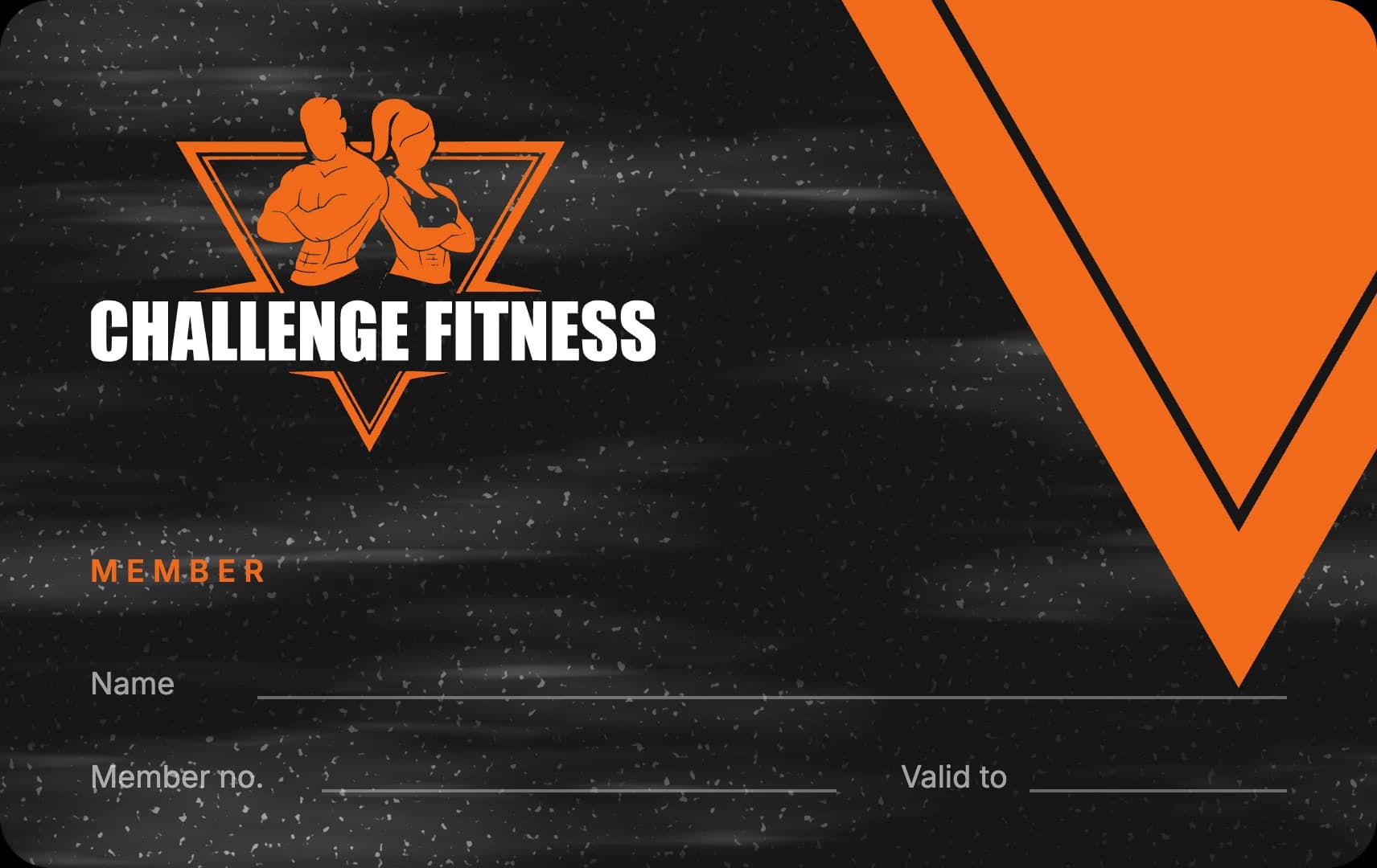 The membership card: black, the logo top left, an orange triangle running off the corner, lines for name, member number and date
