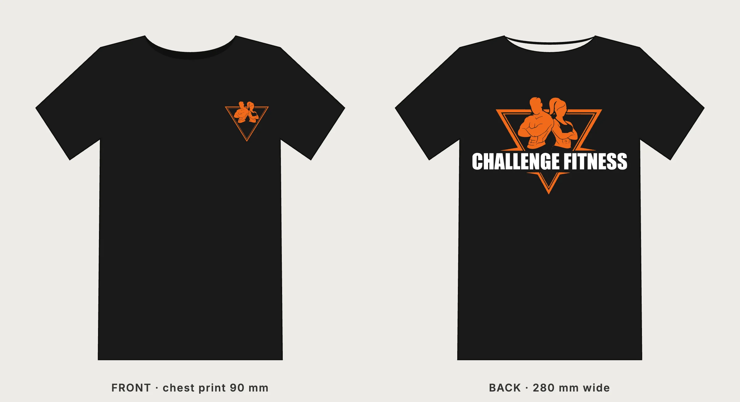 Flat drawings of the tee, front and back: a small orange mark on the left chest, the full logo across the back