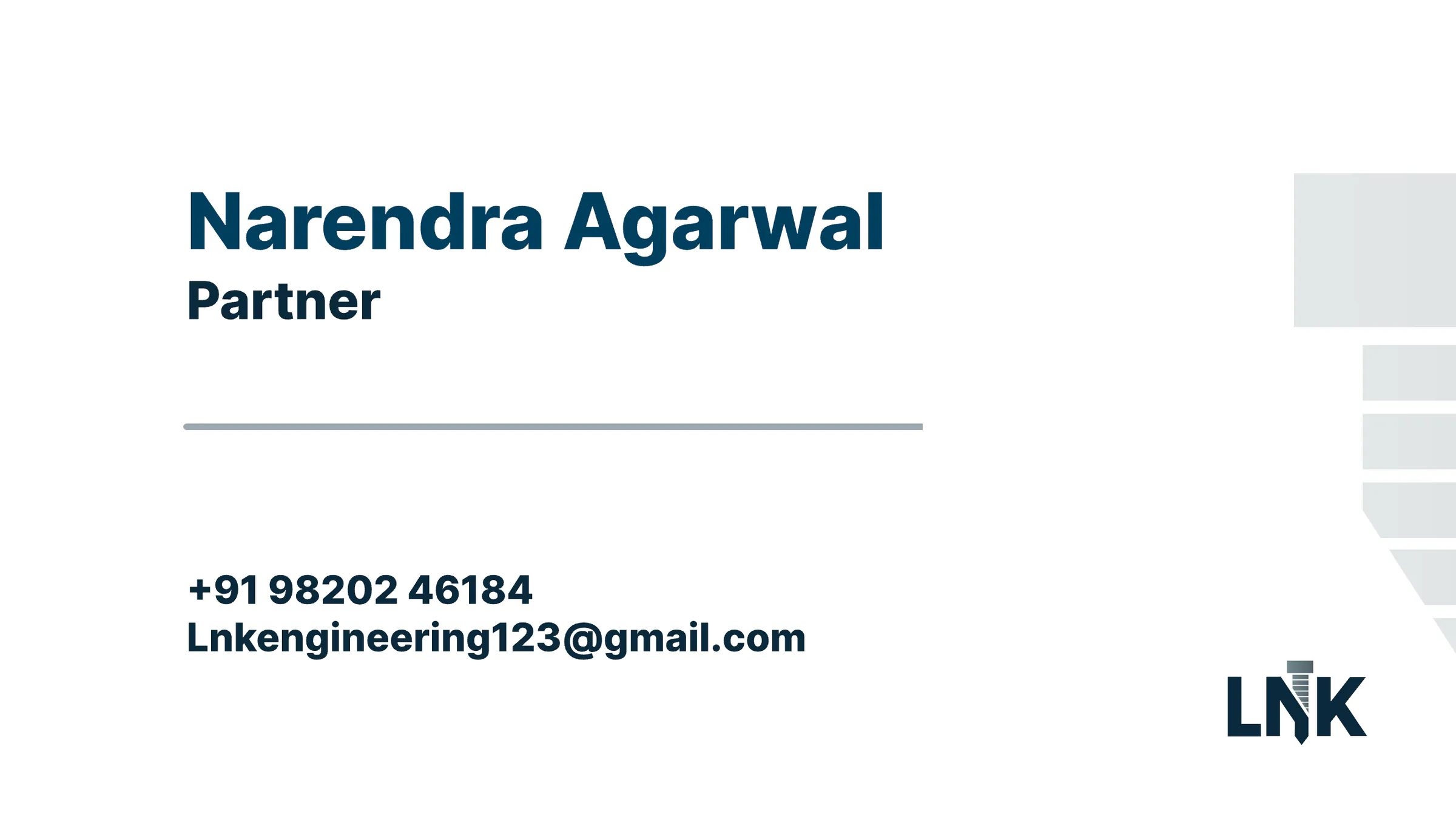 Business card back: Narendra Agarwal, Partner, with his phone number and email, the submark at the bottom right and the bolt off the right edge.