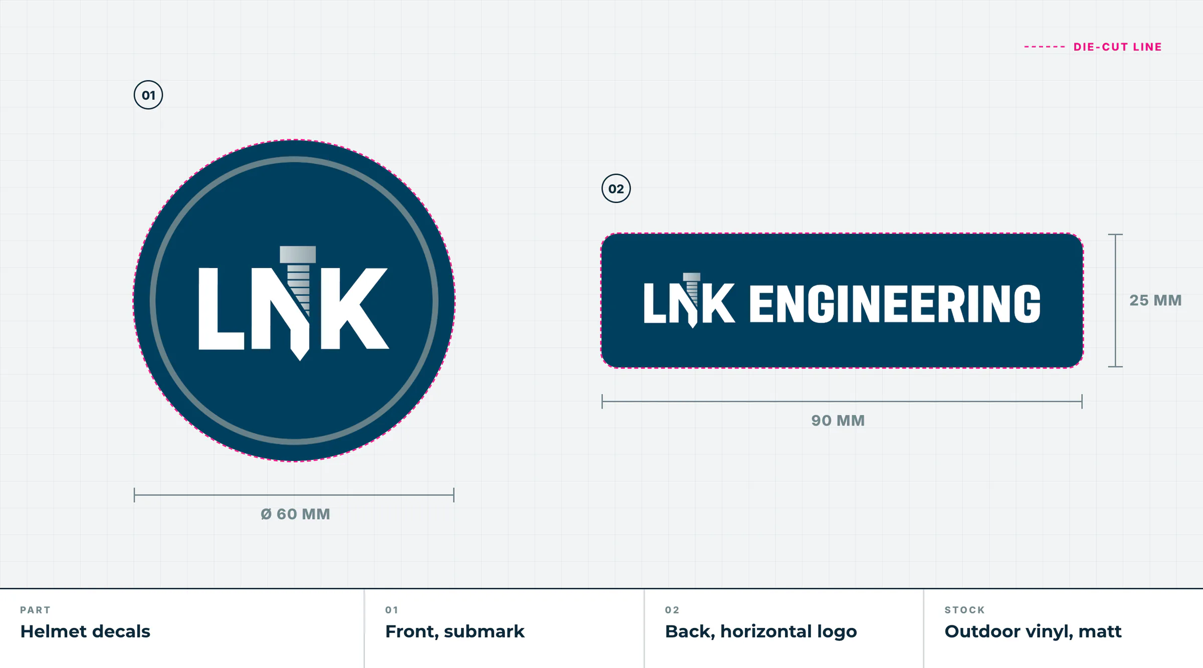 Print sheet for two helmet decals: a 60 mm round submark sticker and a 90 by 25 mm horizontal-logo sticker, both white on Loyal Blue, with magenta die-cut lines and dimensions.