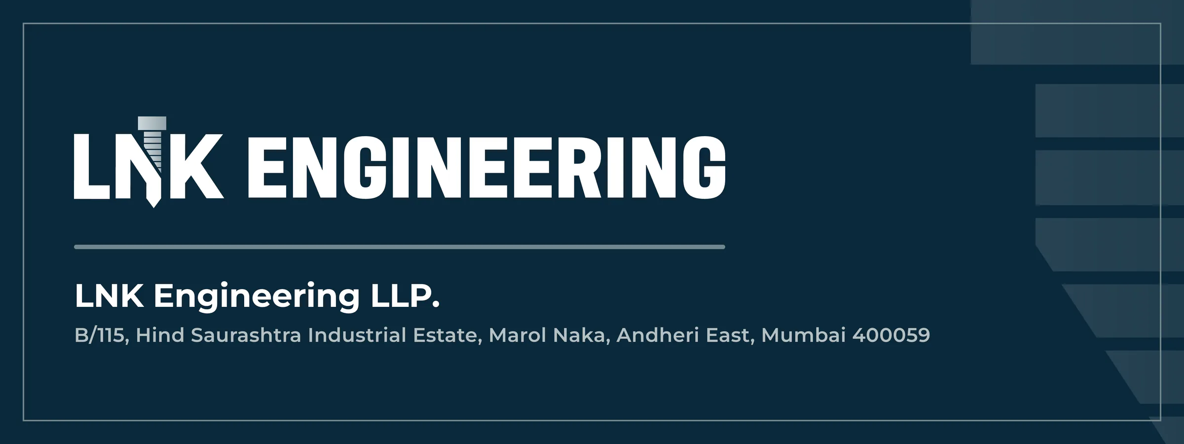 Gate sign: the white horizontal logo on Black Chasm, a grey rule, LNK Engineering LLP. and the Marol address, with a large faint bolt off the right edge inside a thin inner border.