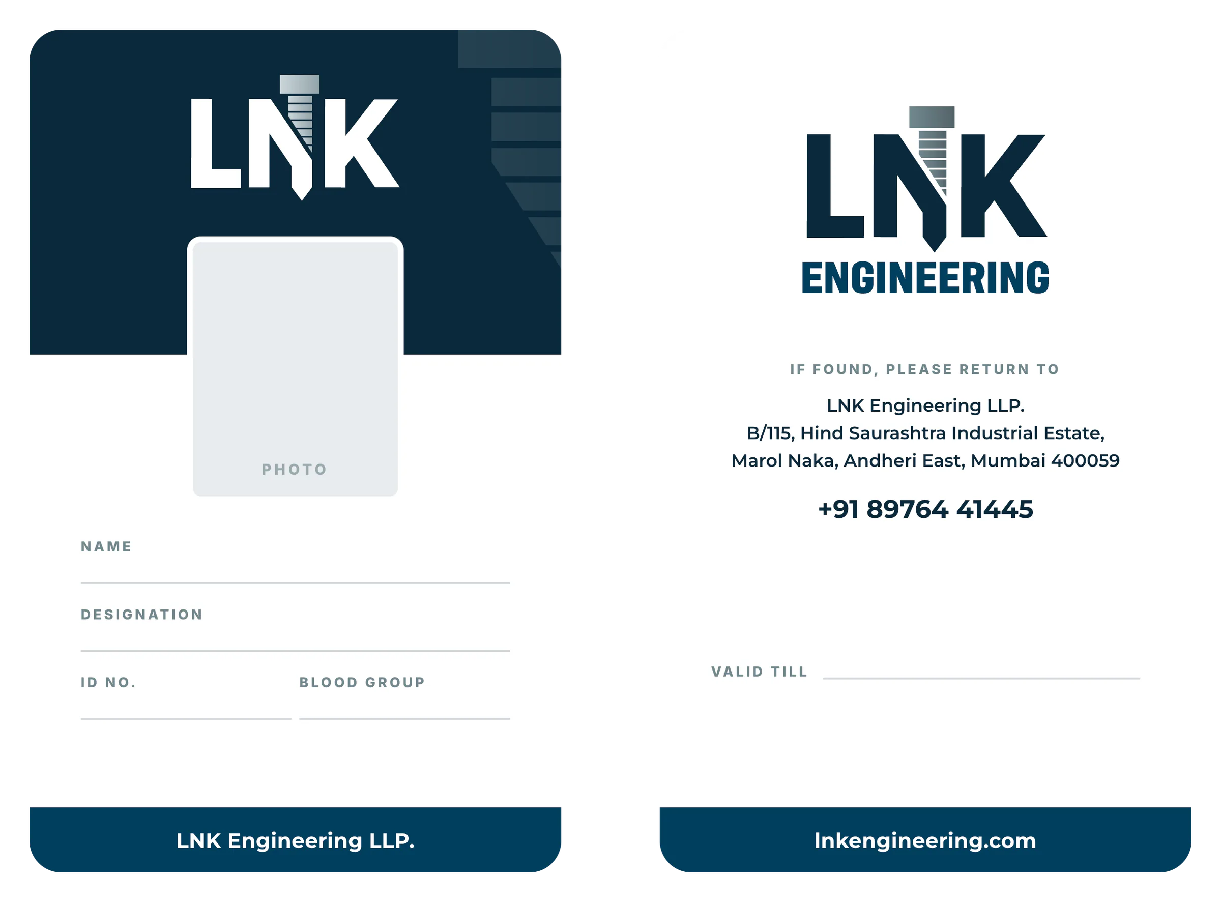 ID card, front and back: the submark on navy above a photo box and fields for name, designation, ID number and blood group; on the back, the primary logo and a return address.