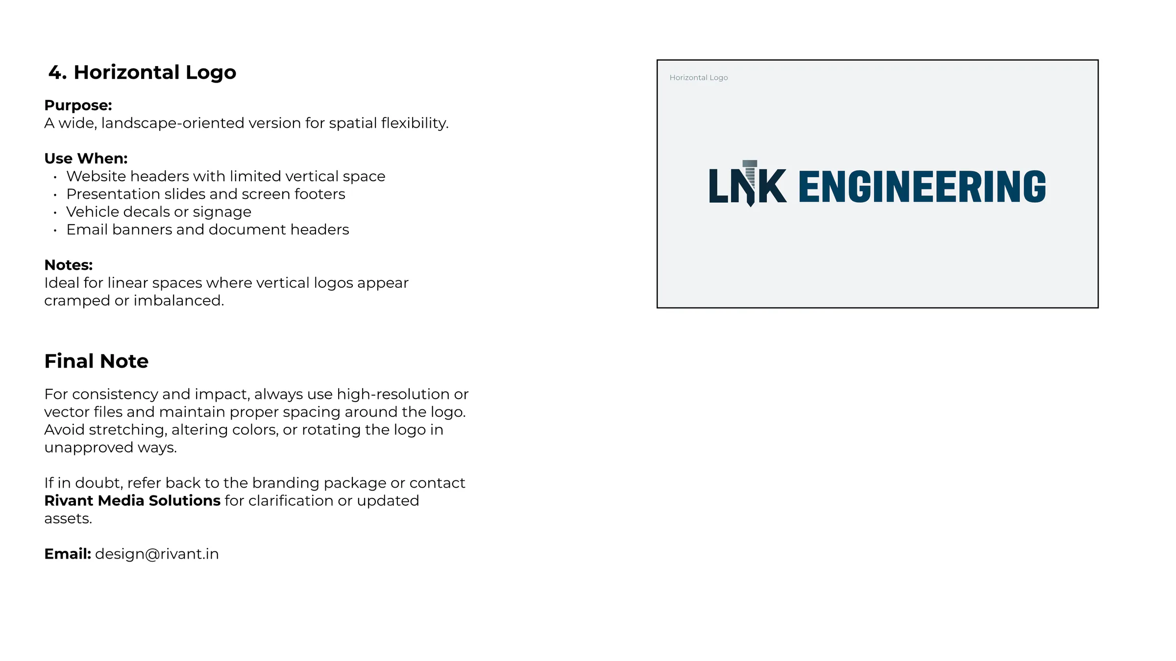 Guide page: the horizontal logo's uses, and a final note on spacing, colour and contact for updated files.