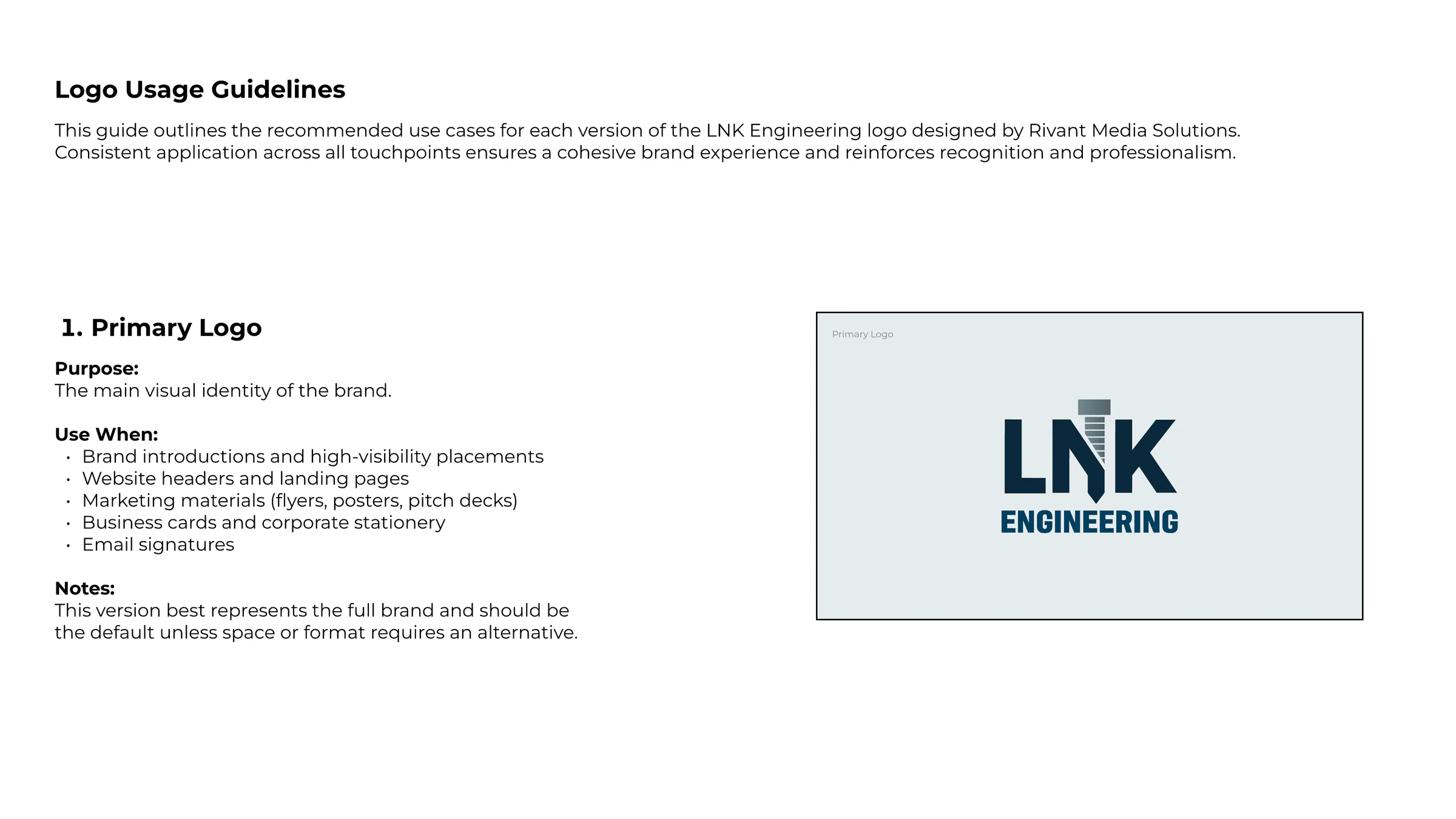 Guide page: logo usage guidelines, and the primary logo's purpose, uses and notes beside it.