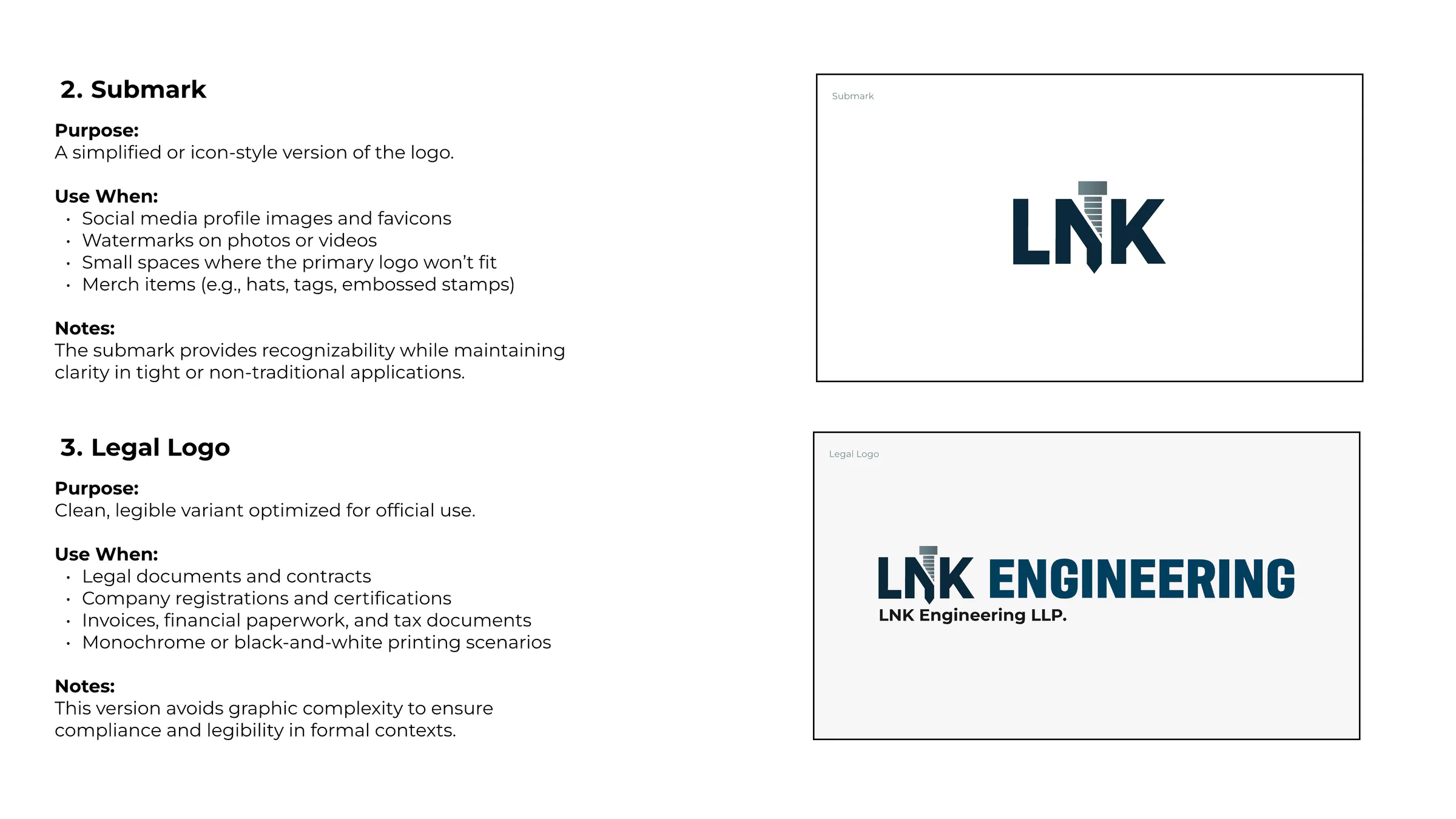 Guide page: when to use the submark and the legal logo, each shown beside its notes.
