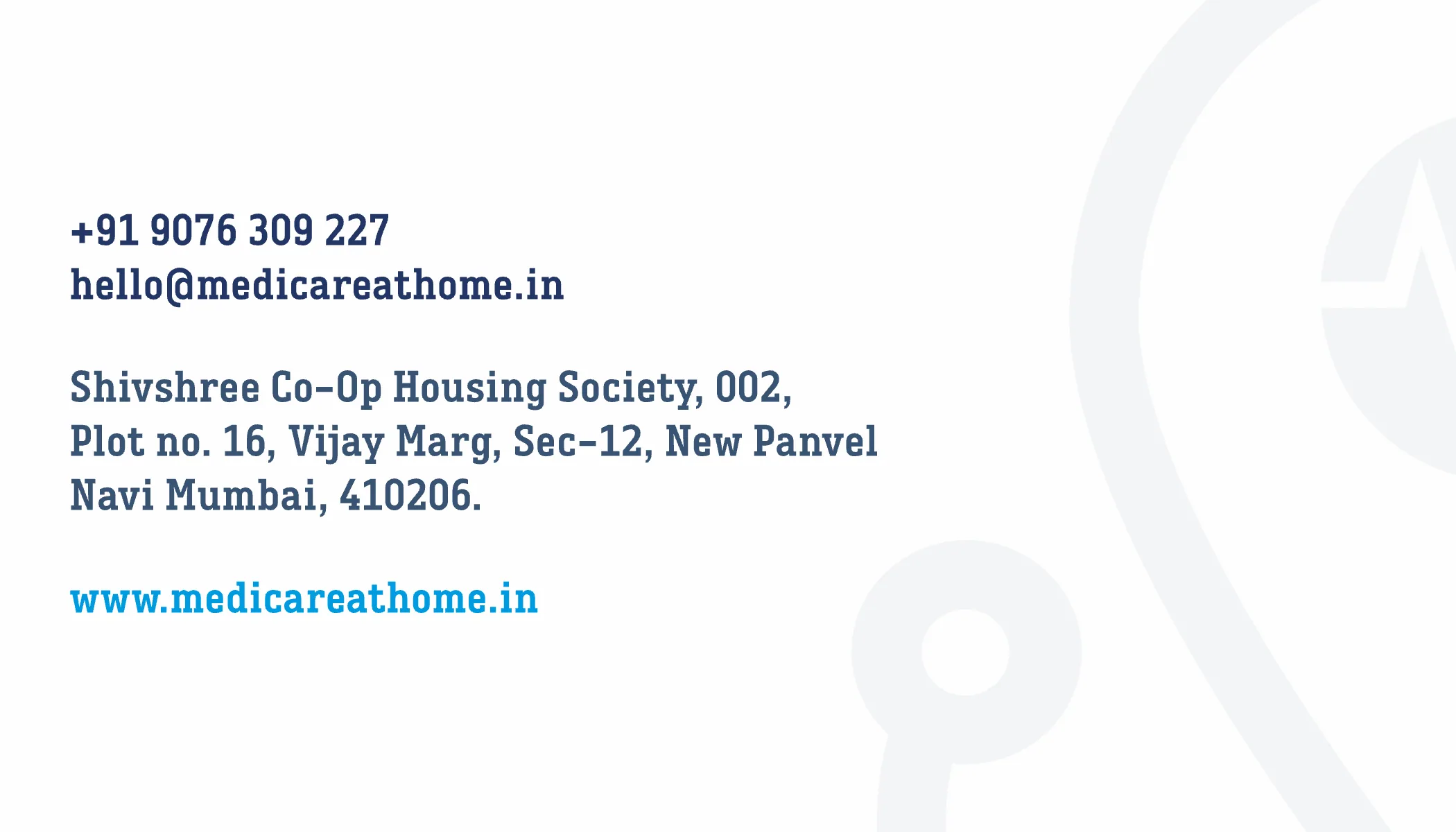 Business card back: phone, email, the New Panvel address and the website, on white