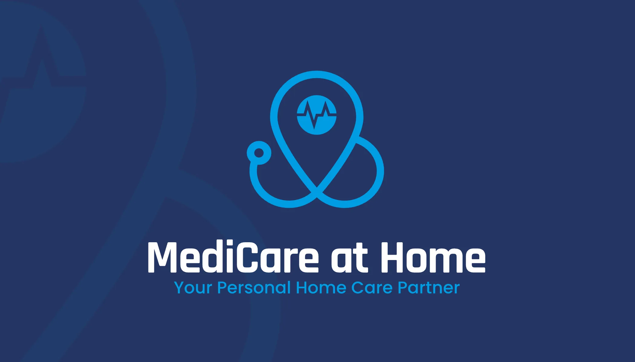 Business card front: the logo in blue and white on navy, the mark's outline faint behind