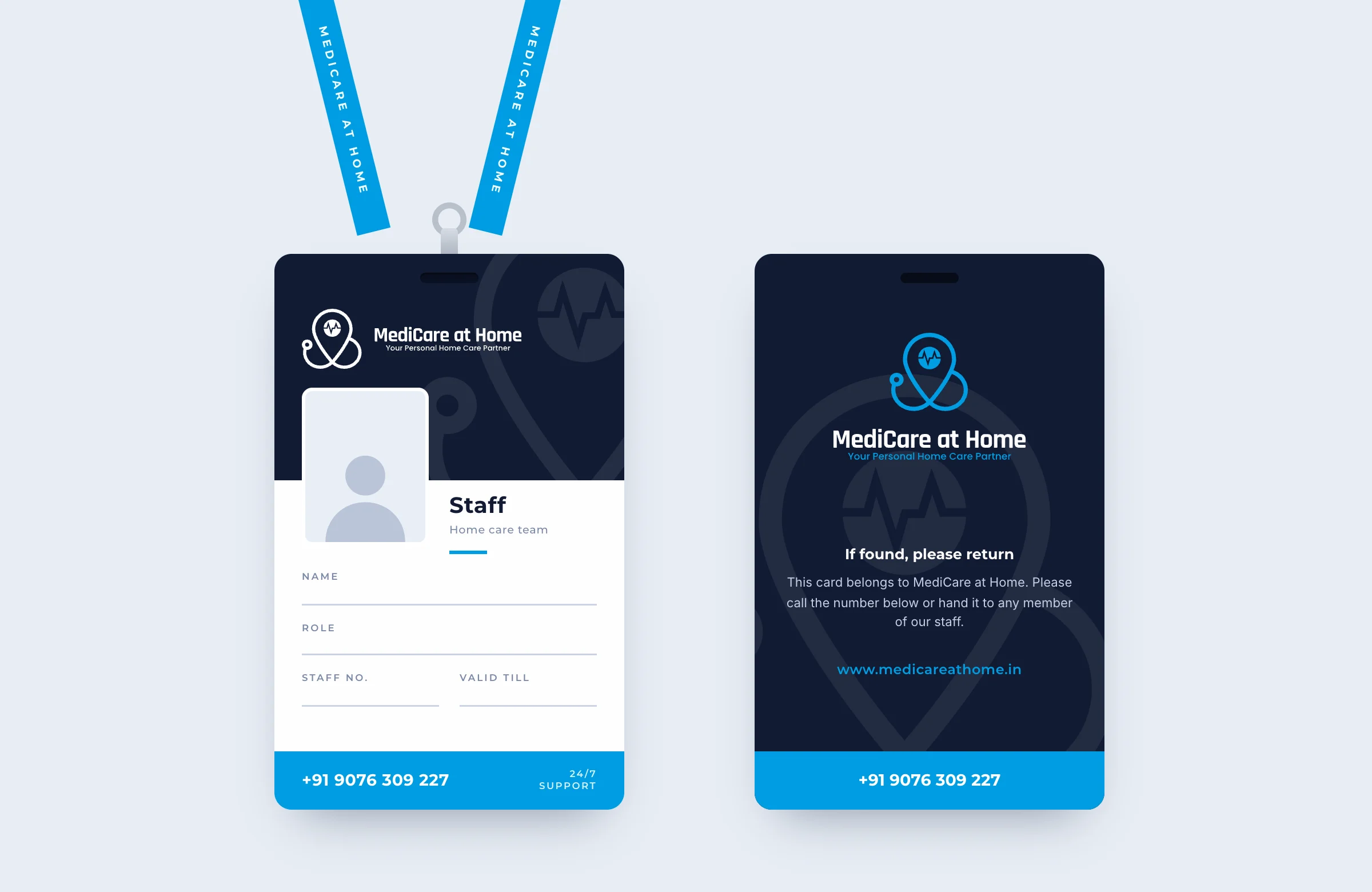 The staff ID card on a blue lanyard, beside its back: a photo box, name, role and staff number lines, and the phone number on a blue band