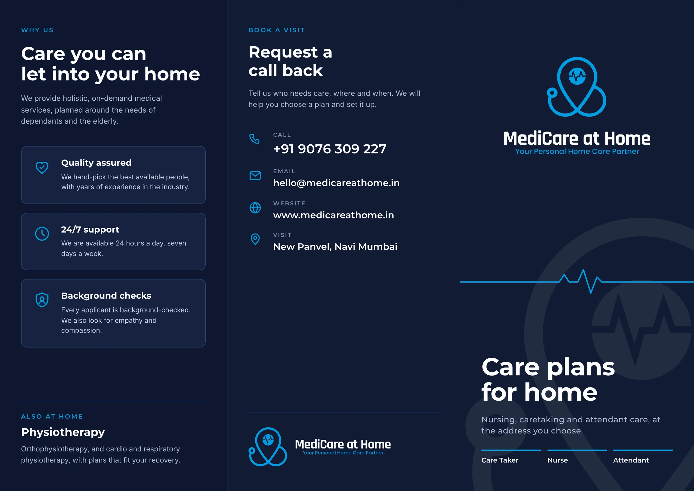 The outside of the care-plans leaflet: why us, a request-a-call-back panel with contact details, and the cover, Care plans for home