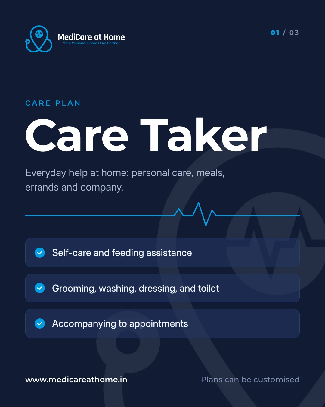 Care plan post 1 of 3: Care Taker, with self-care and feeding assistance, grooming, and accompanying to appointments