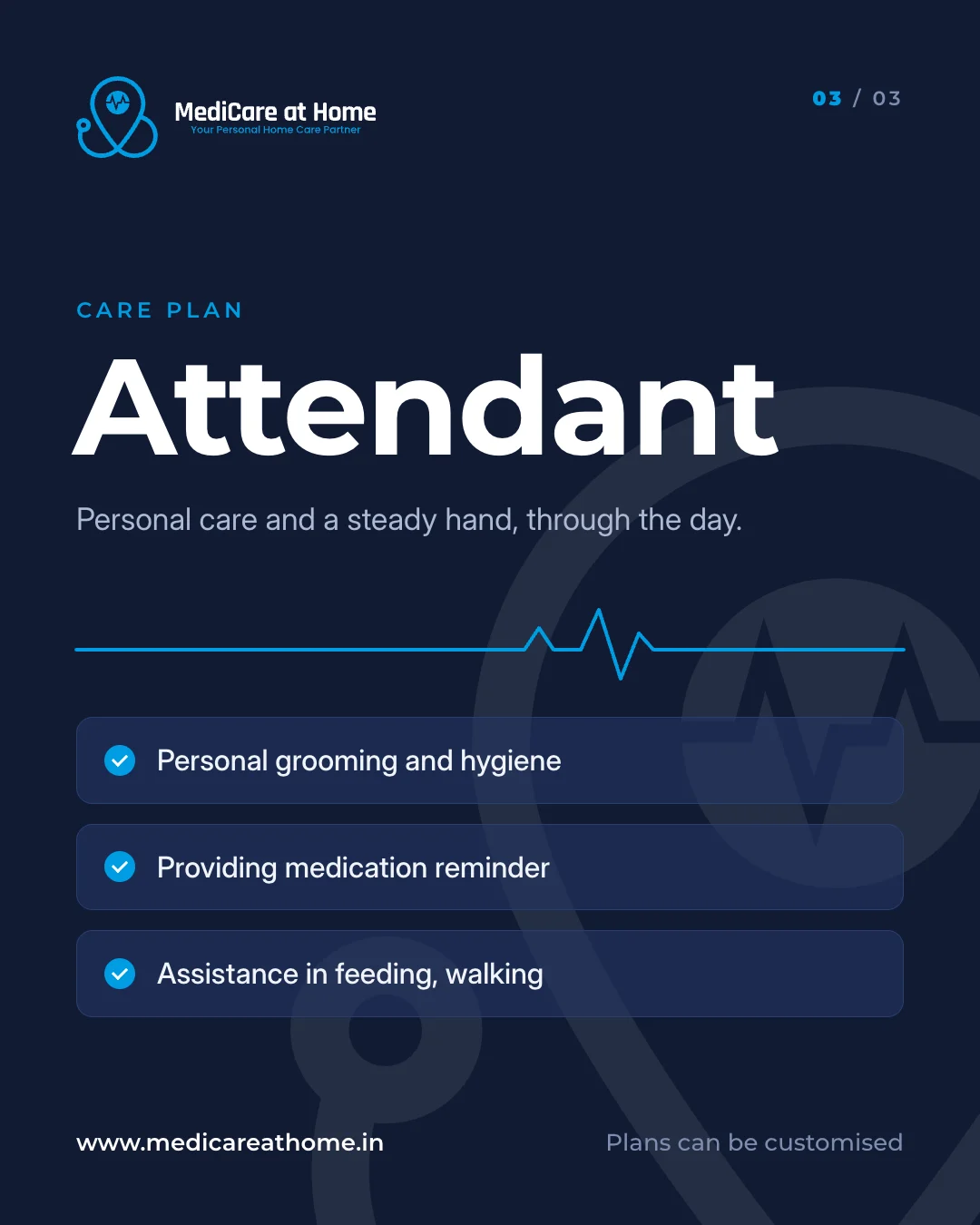 Care plan post 3 of 3: Attendant, with grooming and hygiene, medication reminders, and help with feeding and walking