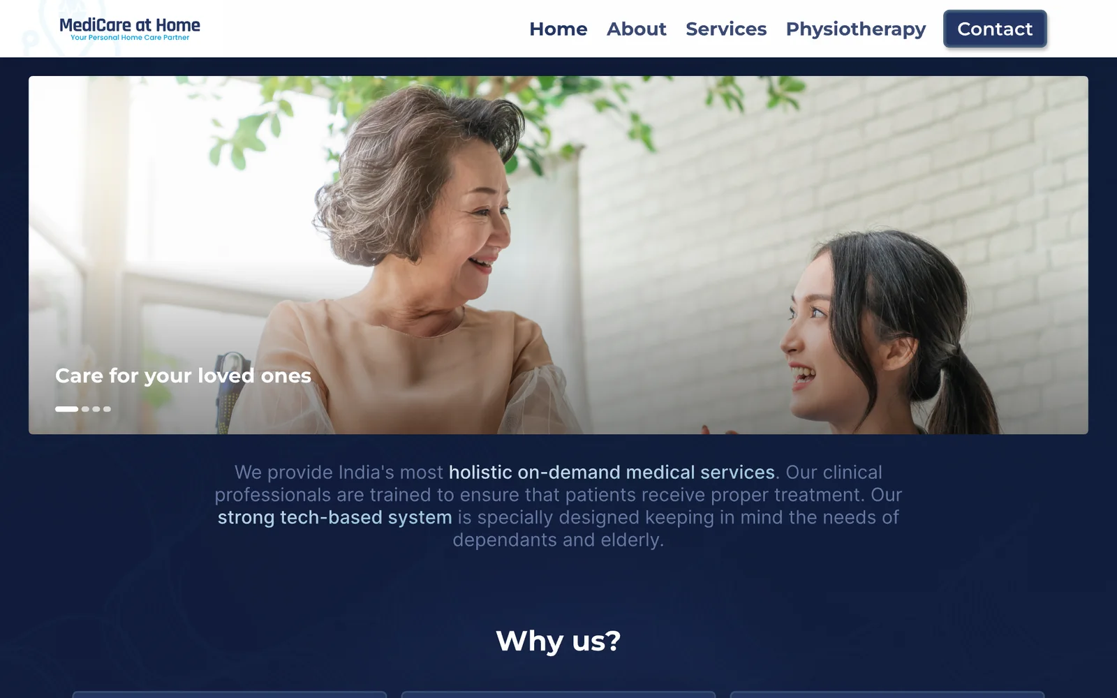 The top of the home page: a carer talking with an older woman, under the line Care for your loved ones