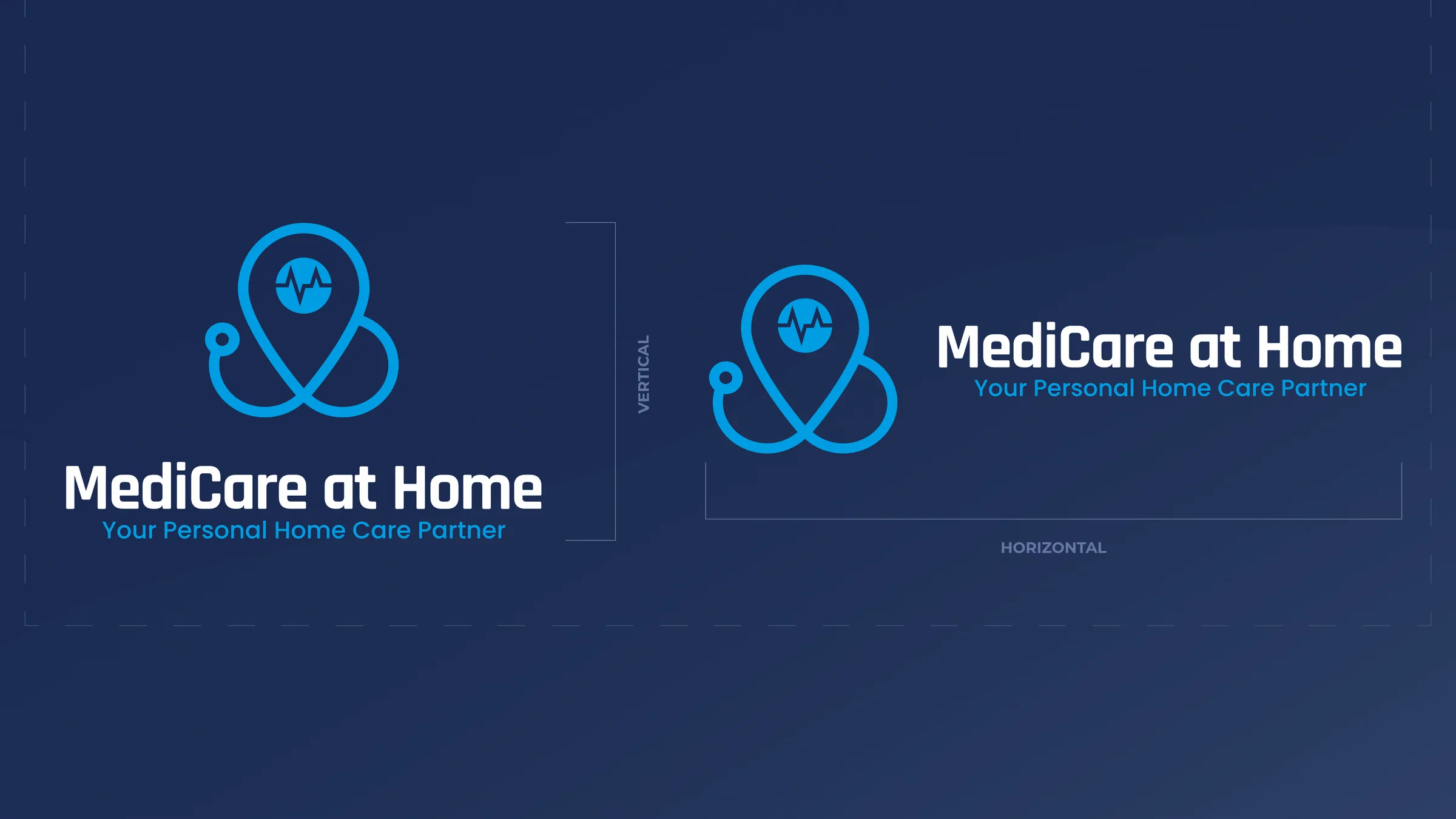 The logo in its vertical and horizontal lockups, white and blue on navy