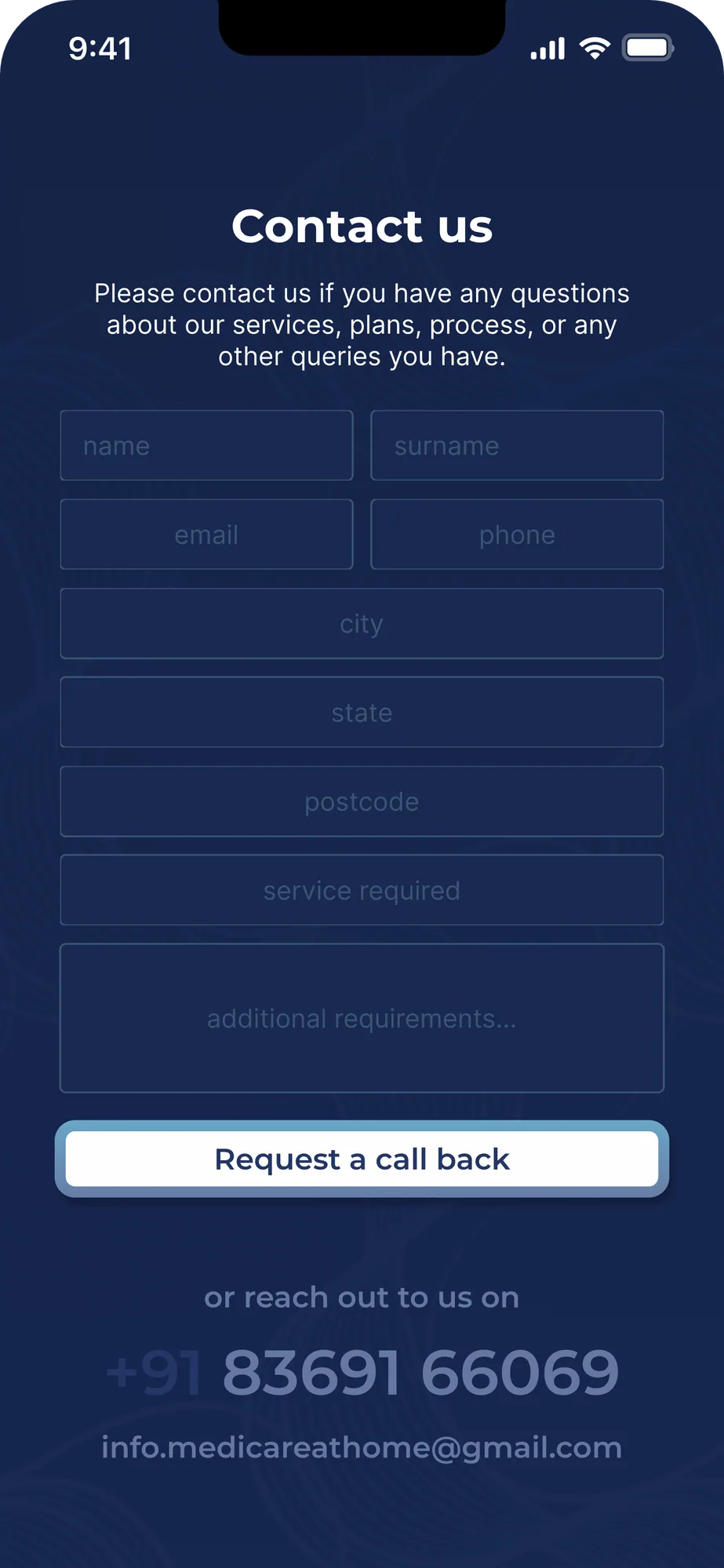 A launch screen on a phone: the request-a-call-back form, with the phone number and email below