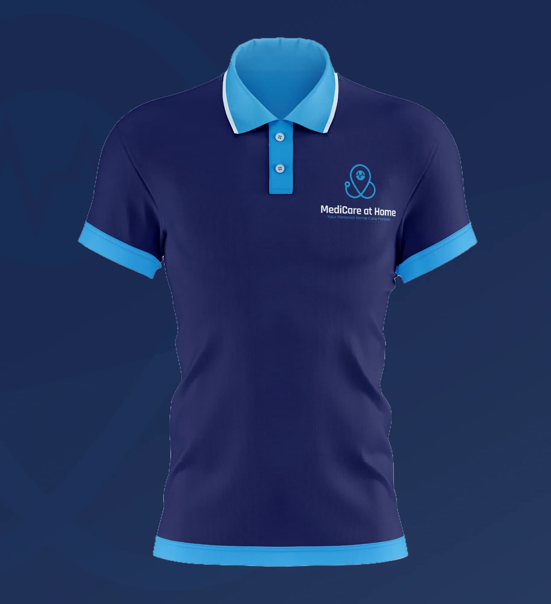 A navy staff polo with a blue collar, placket and cuffs, the logo on the chest