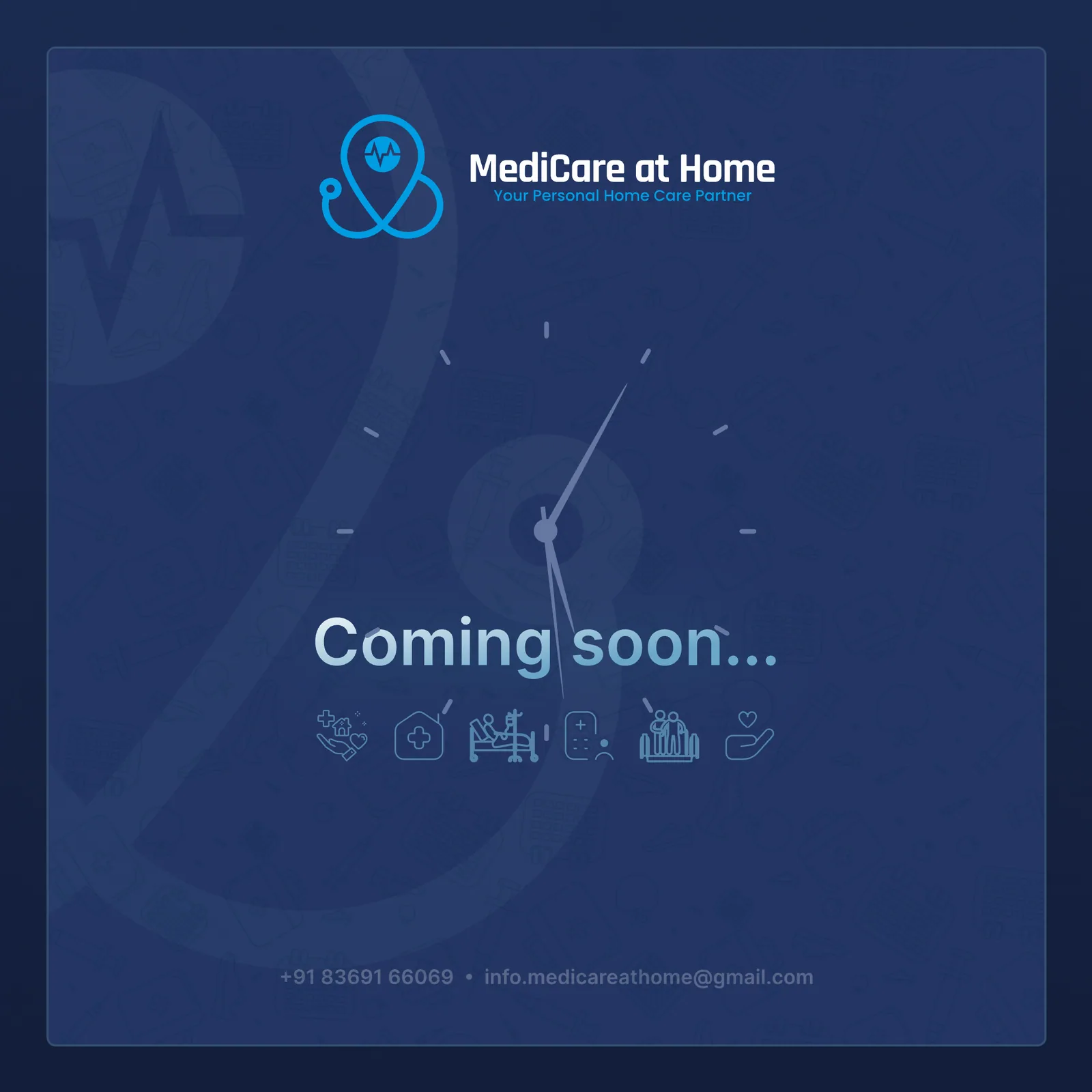 The launch post: Coming soon over a clock face, with care icons, the logo and contact details on navy