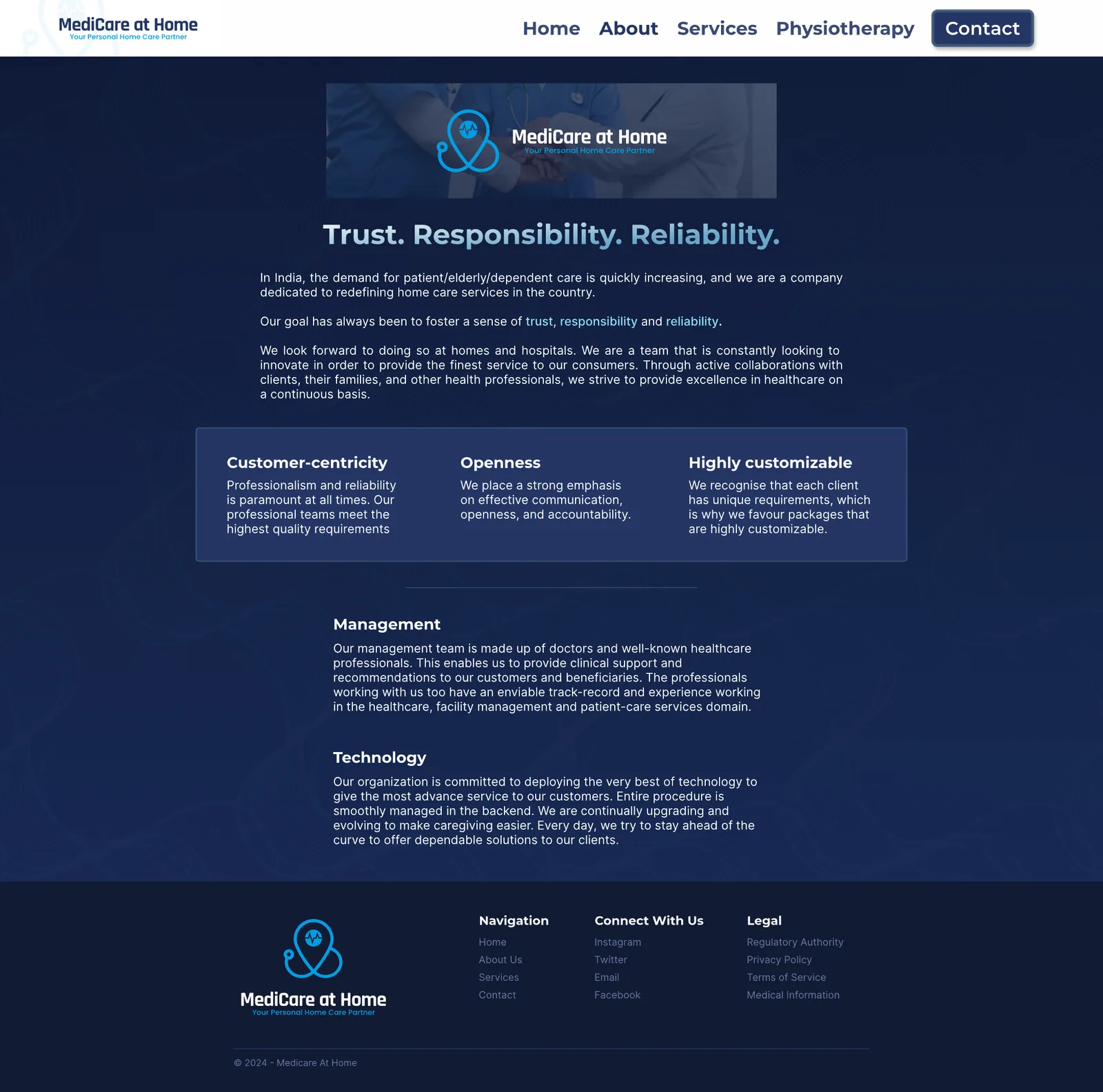 The about page on desktop: Trust. Responsibility. Reliability., the company's values, its management and its technology