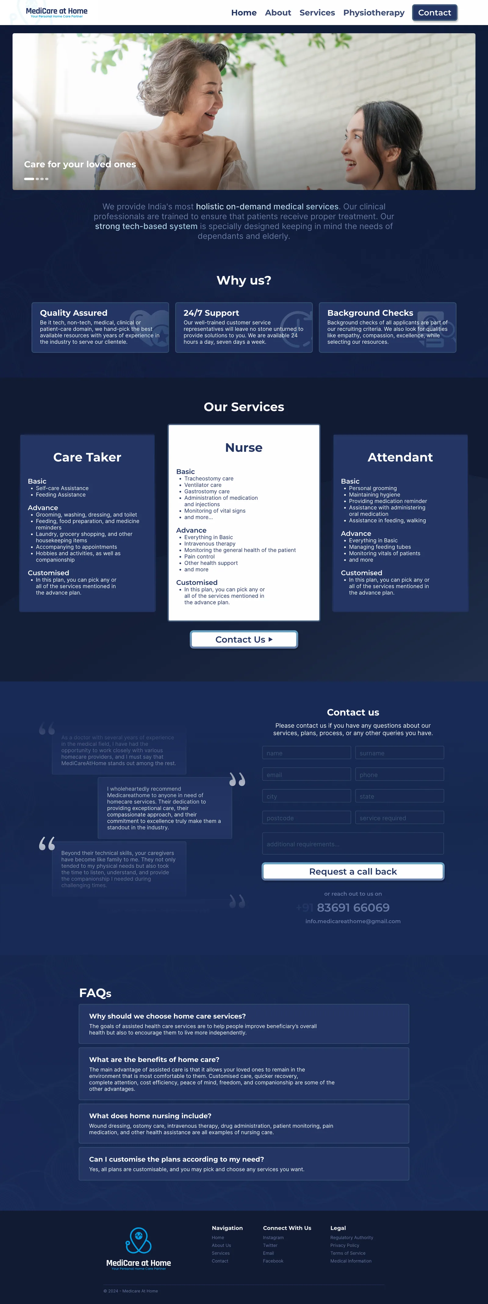 The home page on desktop, from the hero through why us, the three care plans, the call-back form and the FAQs