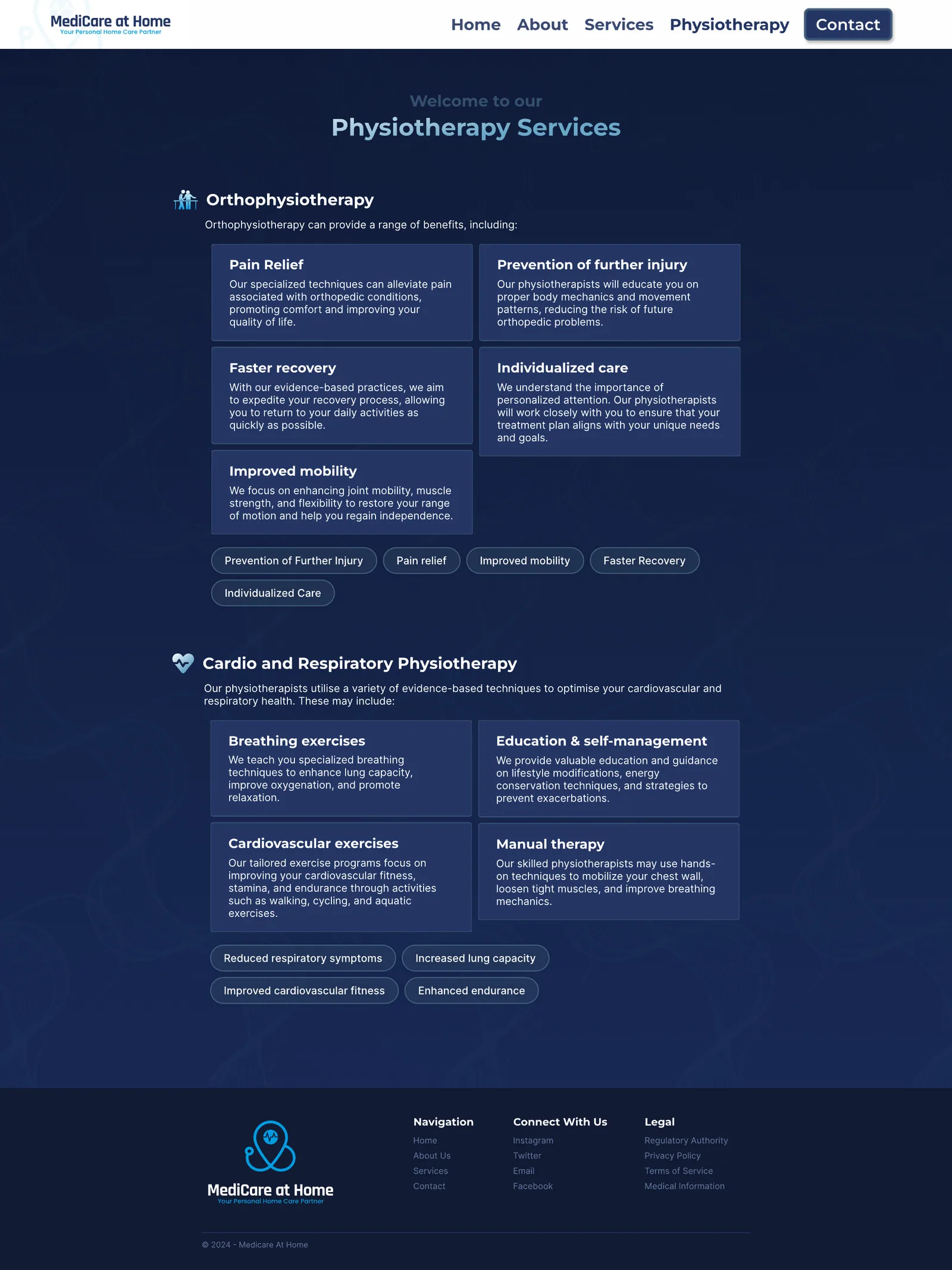 The physiotherapy page on desktop: orthophysiotherapy, and cardio and respiratory physiotherapy, with what each helps with