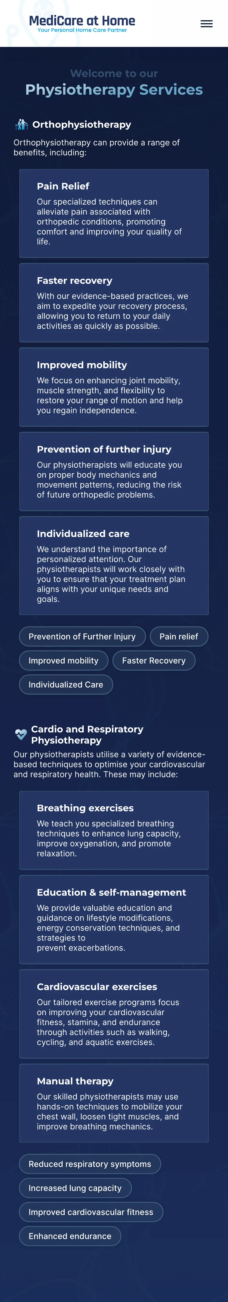 The physiotherapy page on a phone