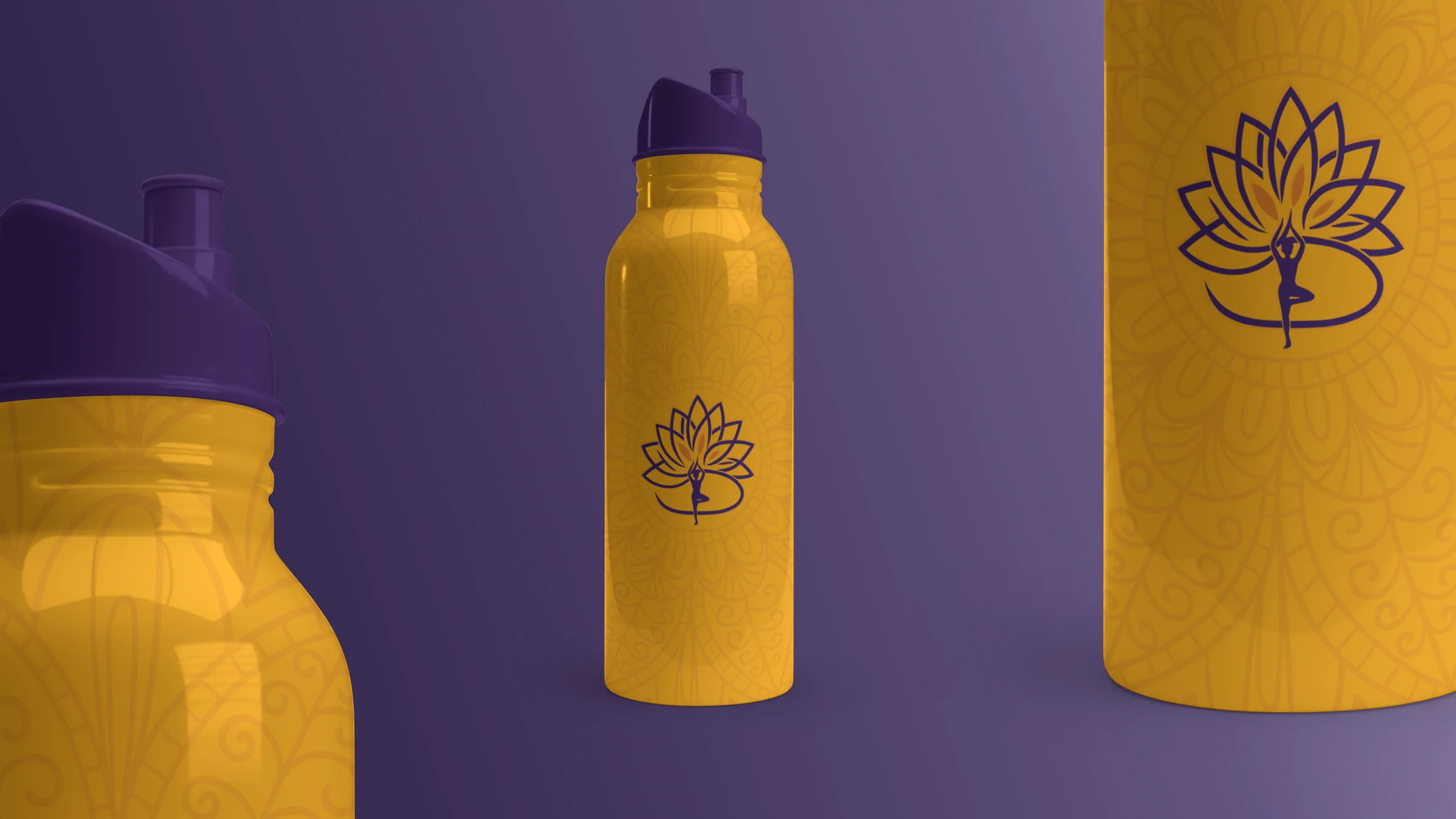 Amber water bottles with purple caps, the mandala wrapped round them and the mark on the front.