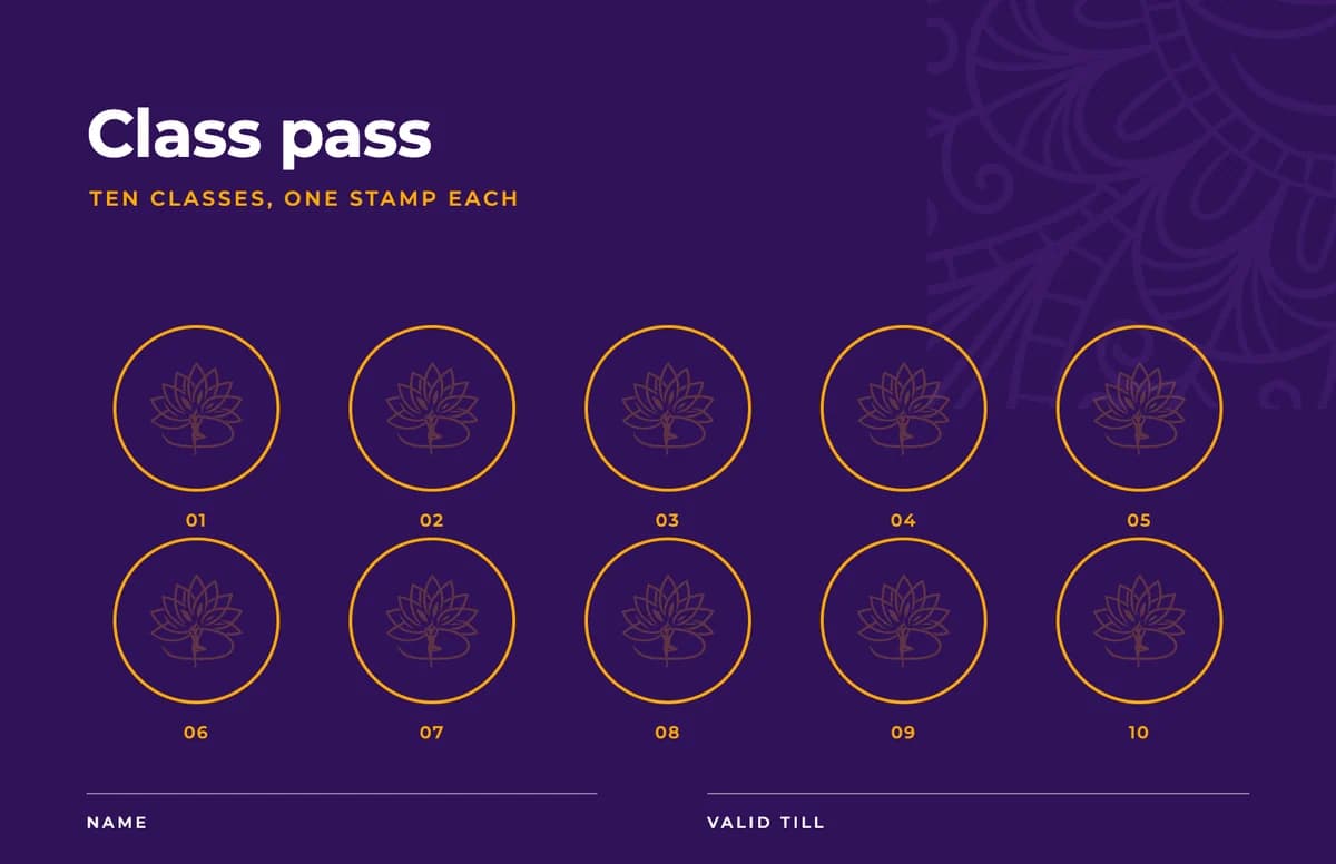 The class pass back: ‘Class pass, ten classes, one stamp each’, ten amber stamp circles and lines for a name and a date.