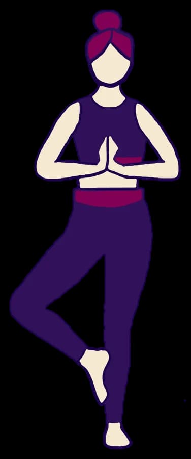 Tree (Vrikshasana), drawn in purple, plum and cream.