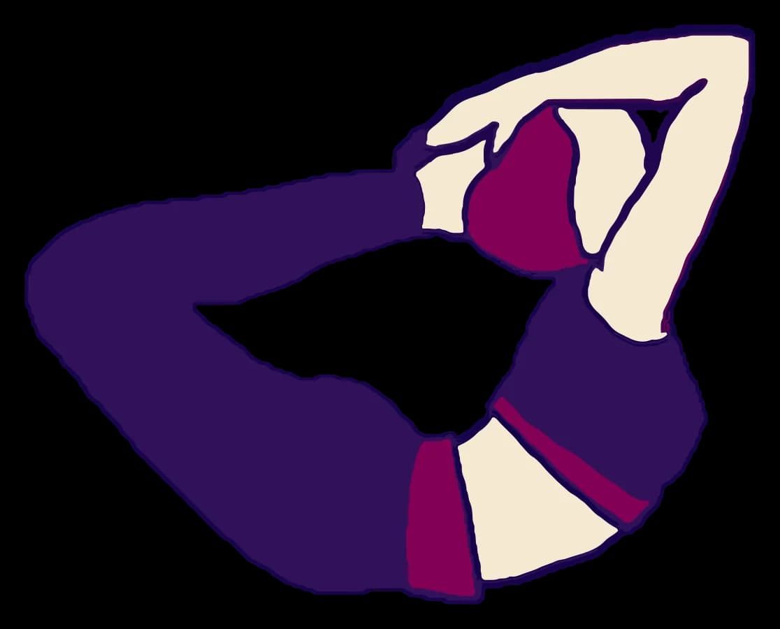 Bow (Dhanurasana), drawn in purple, plum and cream.