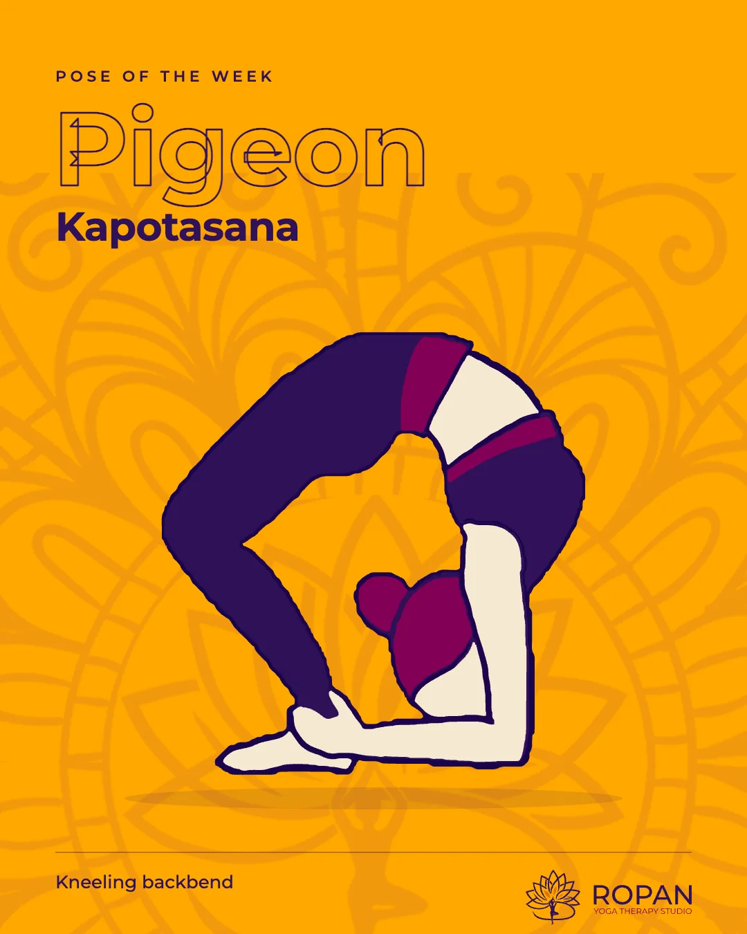 Post: Pose of the week, Pigeon, Kapotasana, the figure large on amber with the mandala behind.