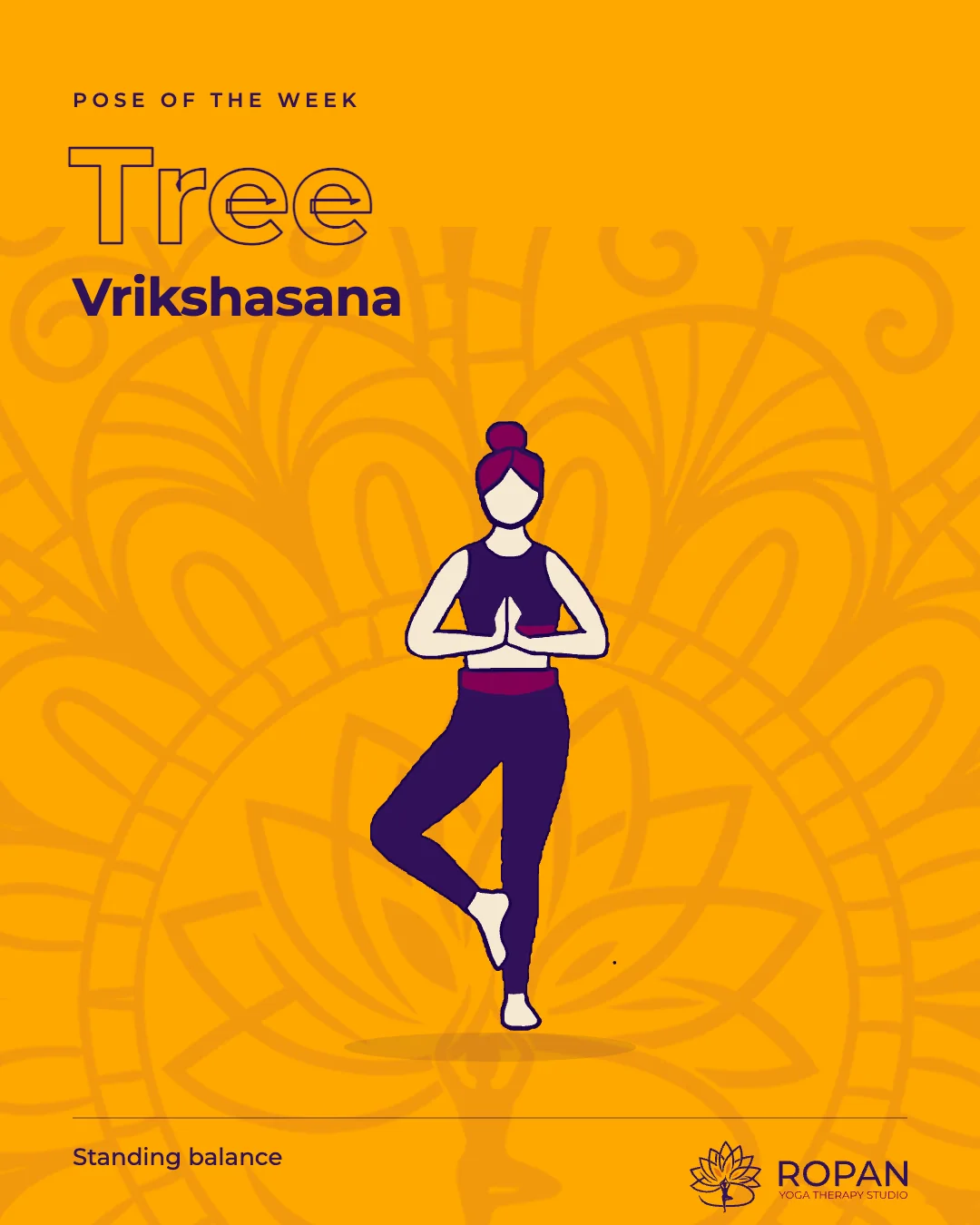 Post: Pose of the week, Tree, Vrikshasana, the figure large on amber with the mandala behind.