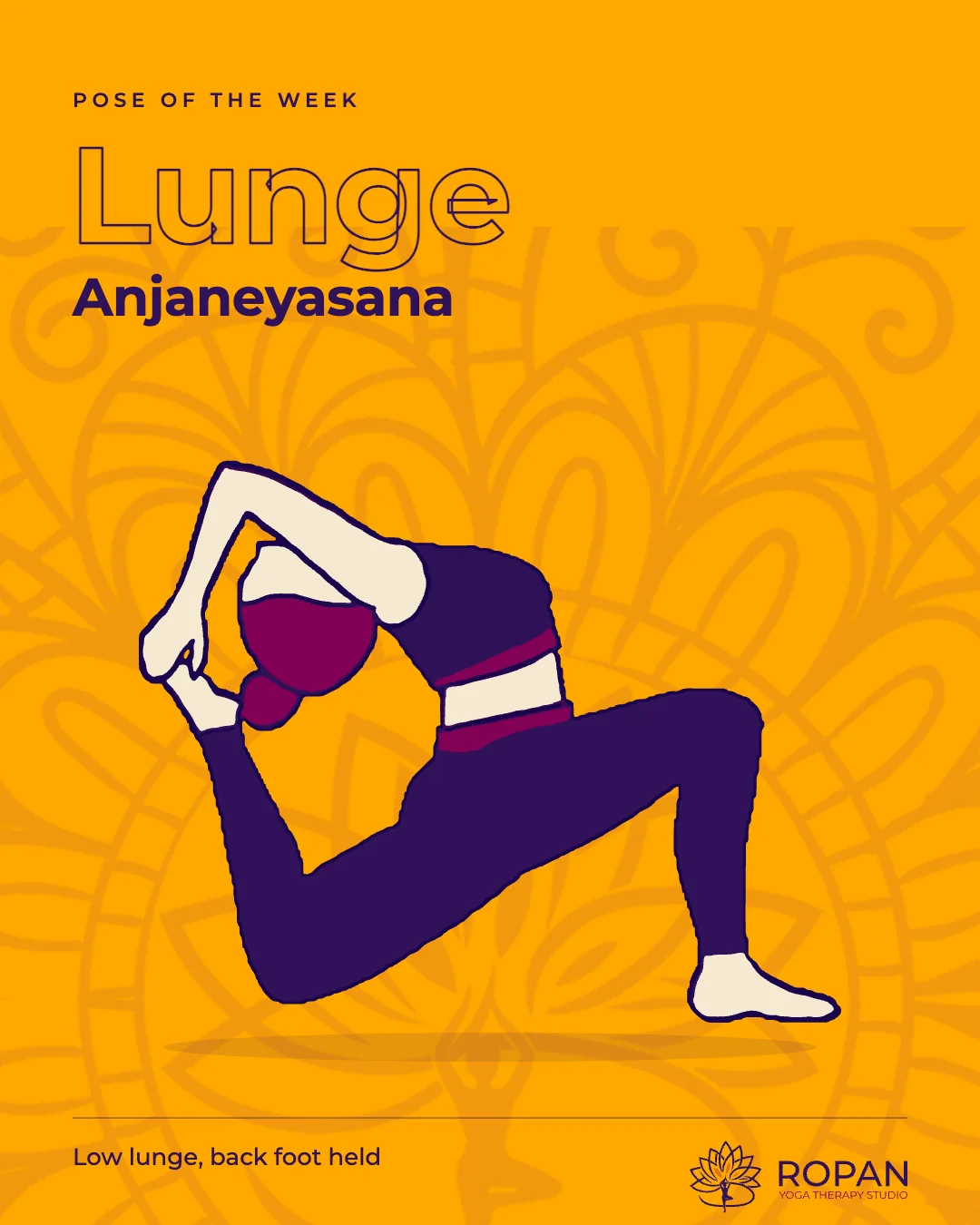 Post: Pose of the week, Lunge, Anjaneyasana, the figure large on amber with the mandala behind.