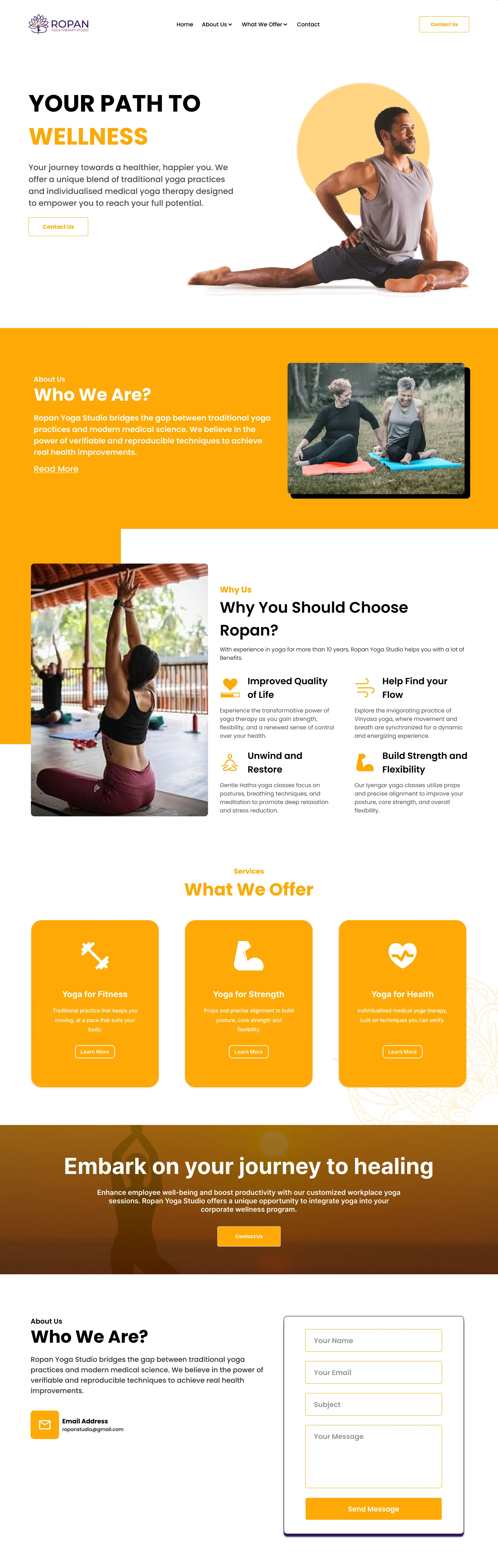 Ropan’s landing page on desktop, from ‘Your path to wellness’ through ‘Who we are’, ‘Why you should choose Ropan’, the offer cards and a banner to the contact form.