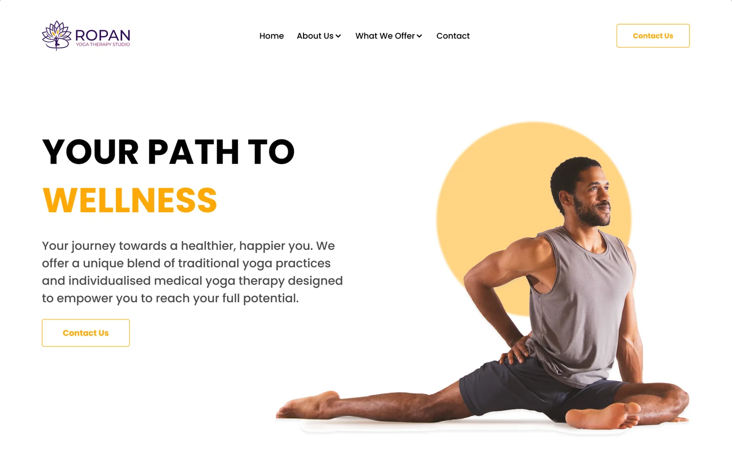 The landing page’s first screen: ‘Your path to wellness’ beside a man stretching in front of an amber circle.