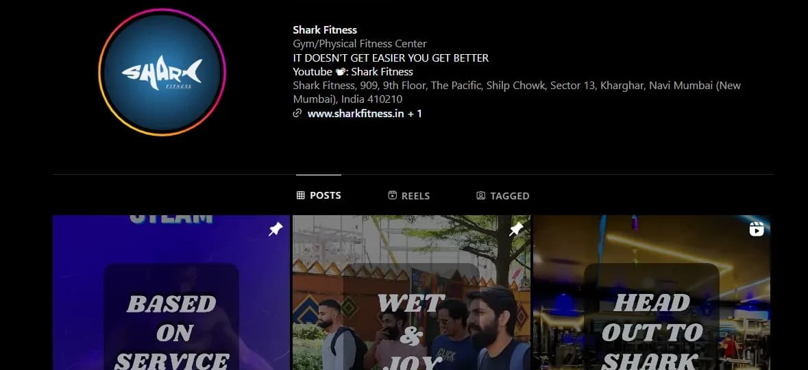 The Shark Fitness Instagram profile: the shark logo, the bio with the Kharghar address, and the first posts