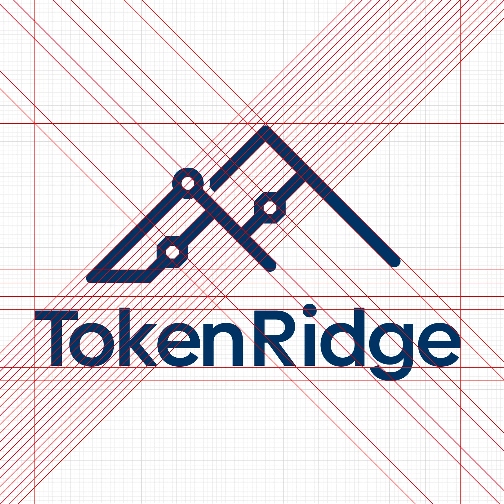 The logo on its construction grid: red 45-degree guides crossing behind the navy ridge and the TokenRidge wordmark